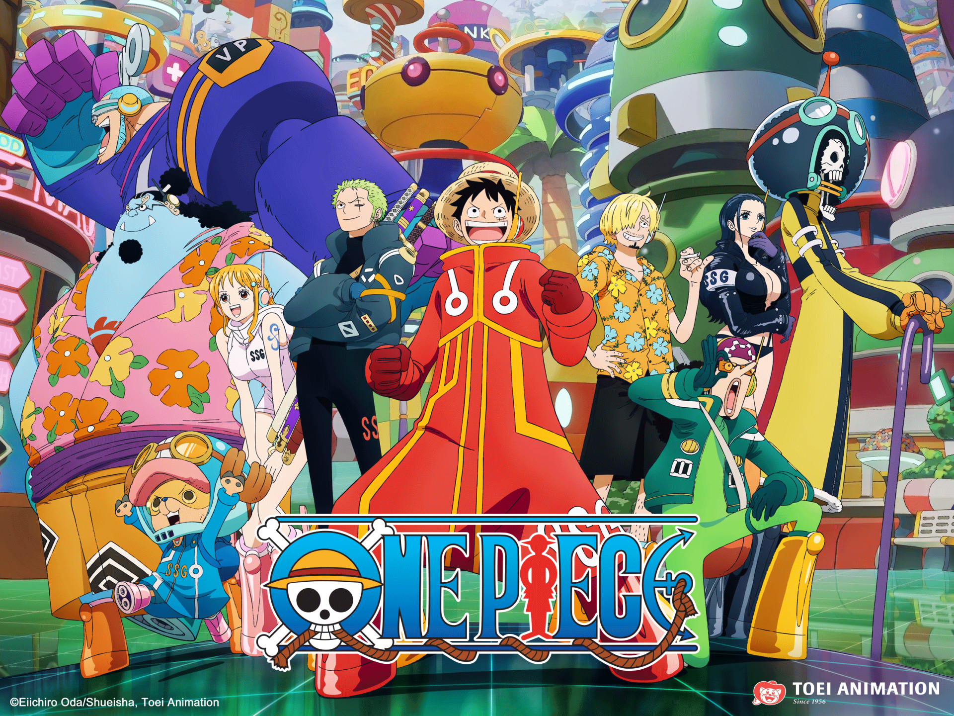 HD PC desktop wallpaper featuring vibrant anime characters from One Piece standing in a colorful futuristic setting with the One Piece logo prominently displayed.