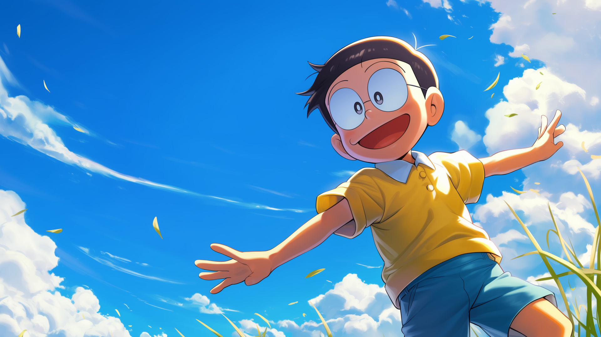 A vibrant HD desktop wallpaper featuring Nobita Nobi from the anime Doraemon, joyfully running against a backdrop of blue sky and fluffy clouds, conveying a sense of freedom and happiness.