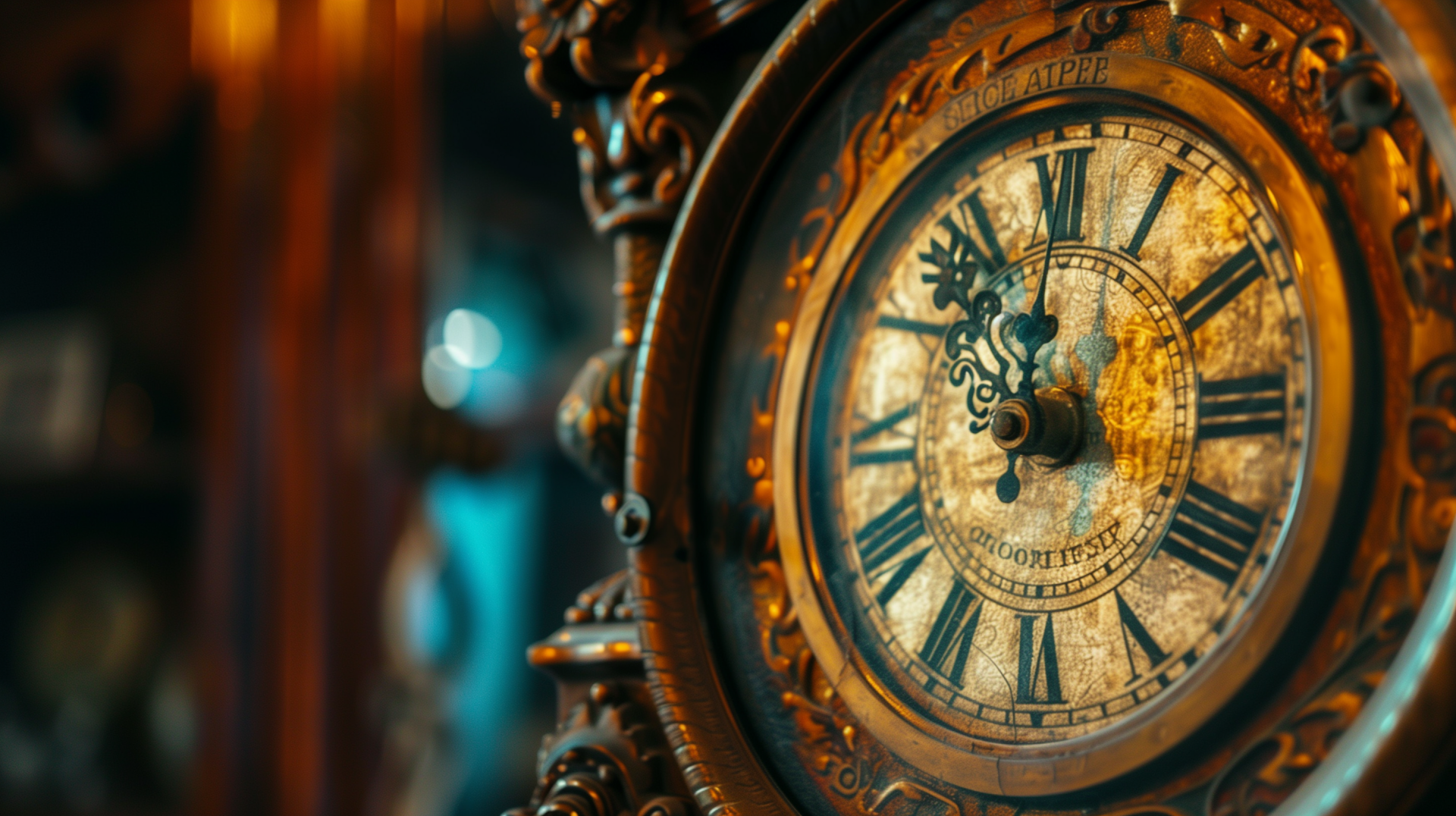 Antique vintage clock displayed prominently, creating a charming aesthetic. This HD desktop wallpaper offers a timeless backdrop for any workspace.