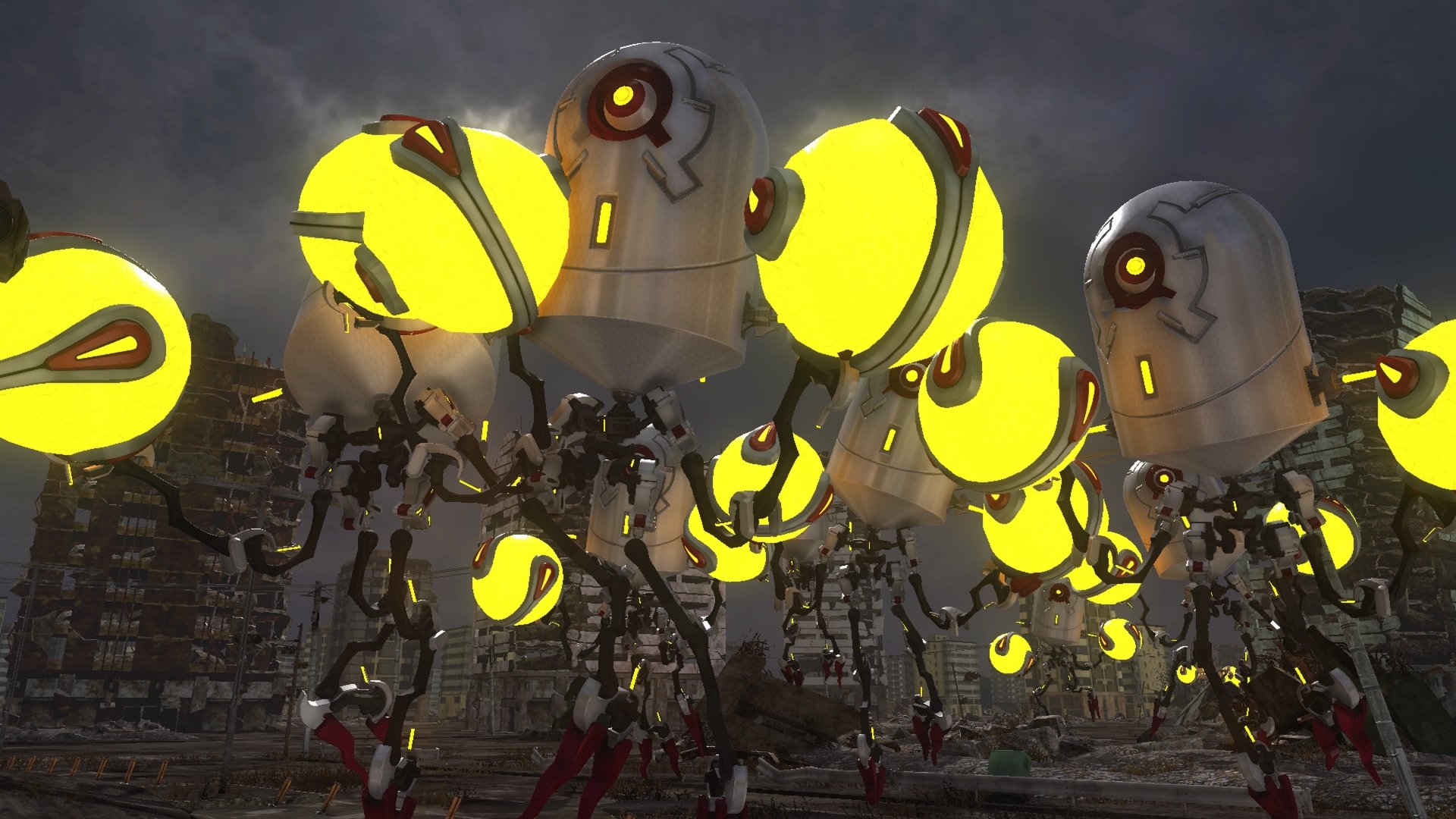 HD wallpaper showcasing a scene from Earth Defense Force 6, featuring robotic creatures with glowing yellow orbs against a dramatic, urban backdrop.