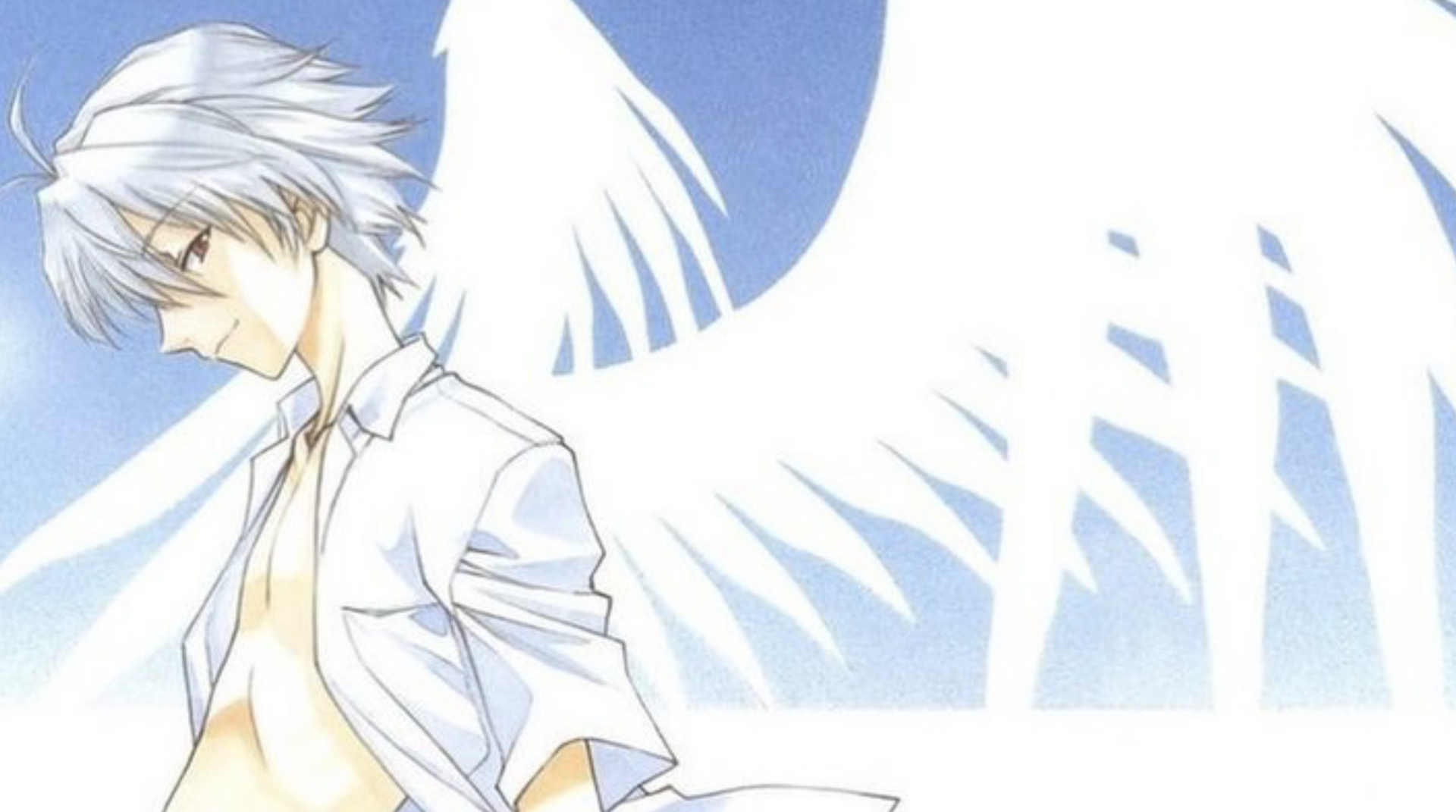 4K Ultra HD Neon Genesis Evangelion wallpaper featuring Kaworu with white hair and glowing angelic wings against a soft blue and white background.