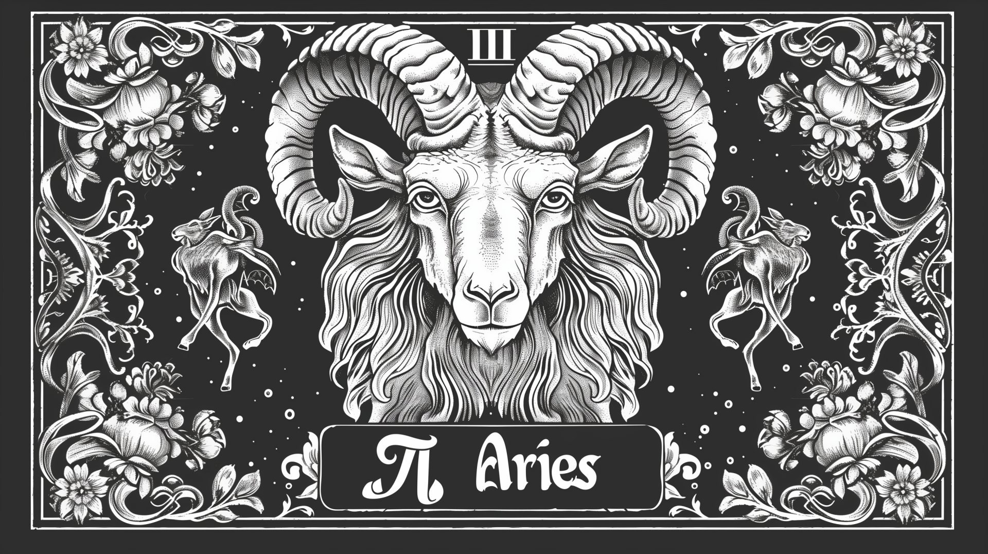 Black and white HD wallpaper featuring an intricate design of a ram, symbolizing Aries in astrology, surrounded by floral elements and astrological motifs.