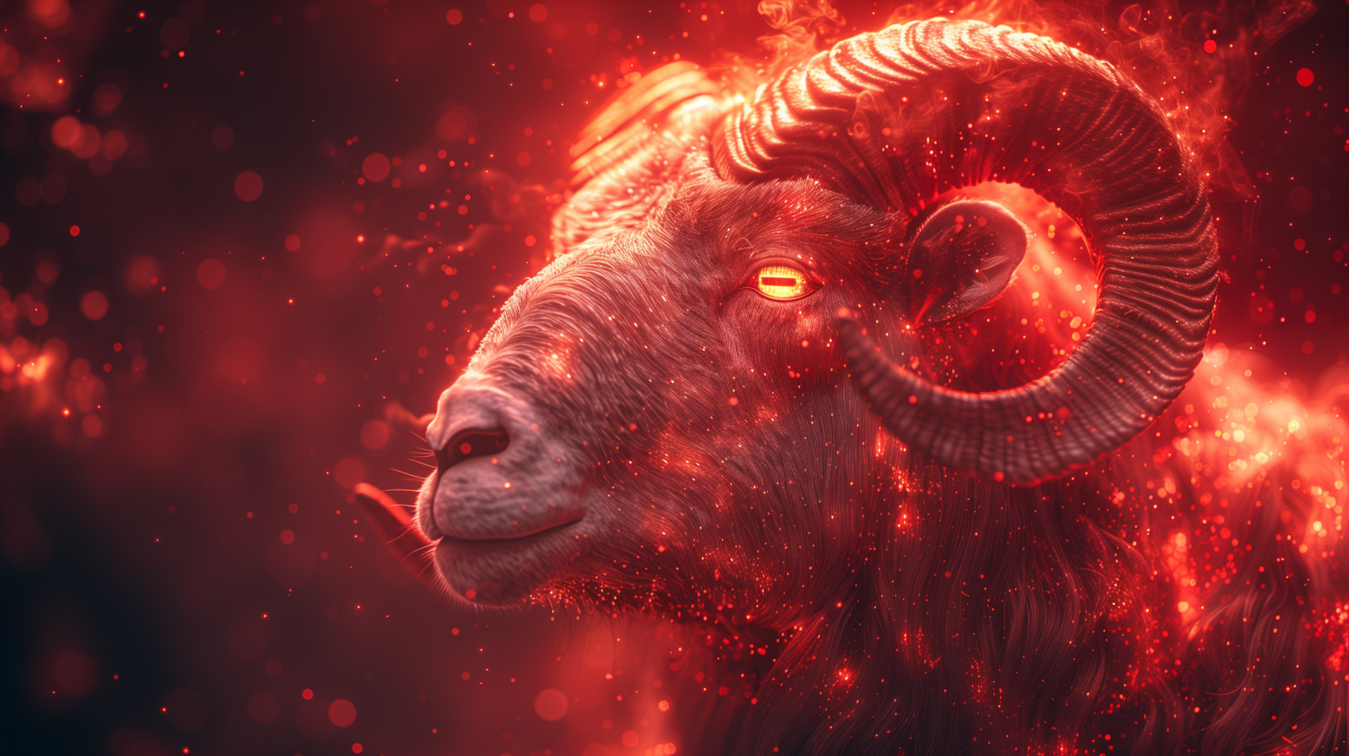 A striking HD wallpaper featuring a fantasy-inspired goat, embodying Aries with glowing eyes and fiery textures, set against a vivid, swirling background.