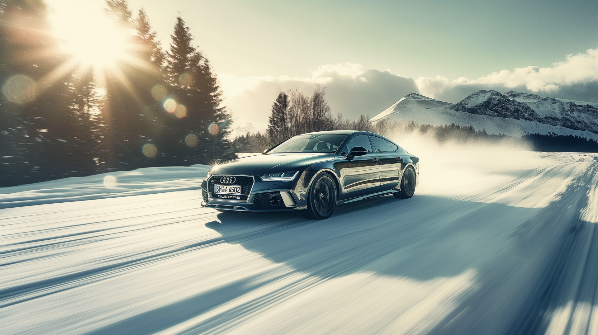 HD desktop wallpaper featuring a sleek black Audi RS7 driving through a snowy winter landscape with mountains and sunlight filtering through trees.