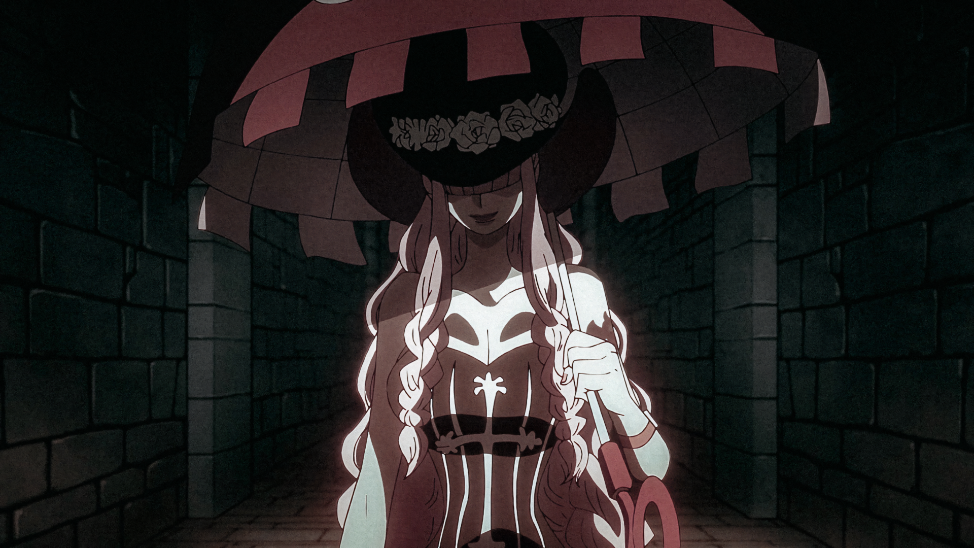 4K Ultra HD anime wallpaper featuring Perona from One Piece standing in a dark stone hallway, holding a large umbrella with a floral band on her hat.