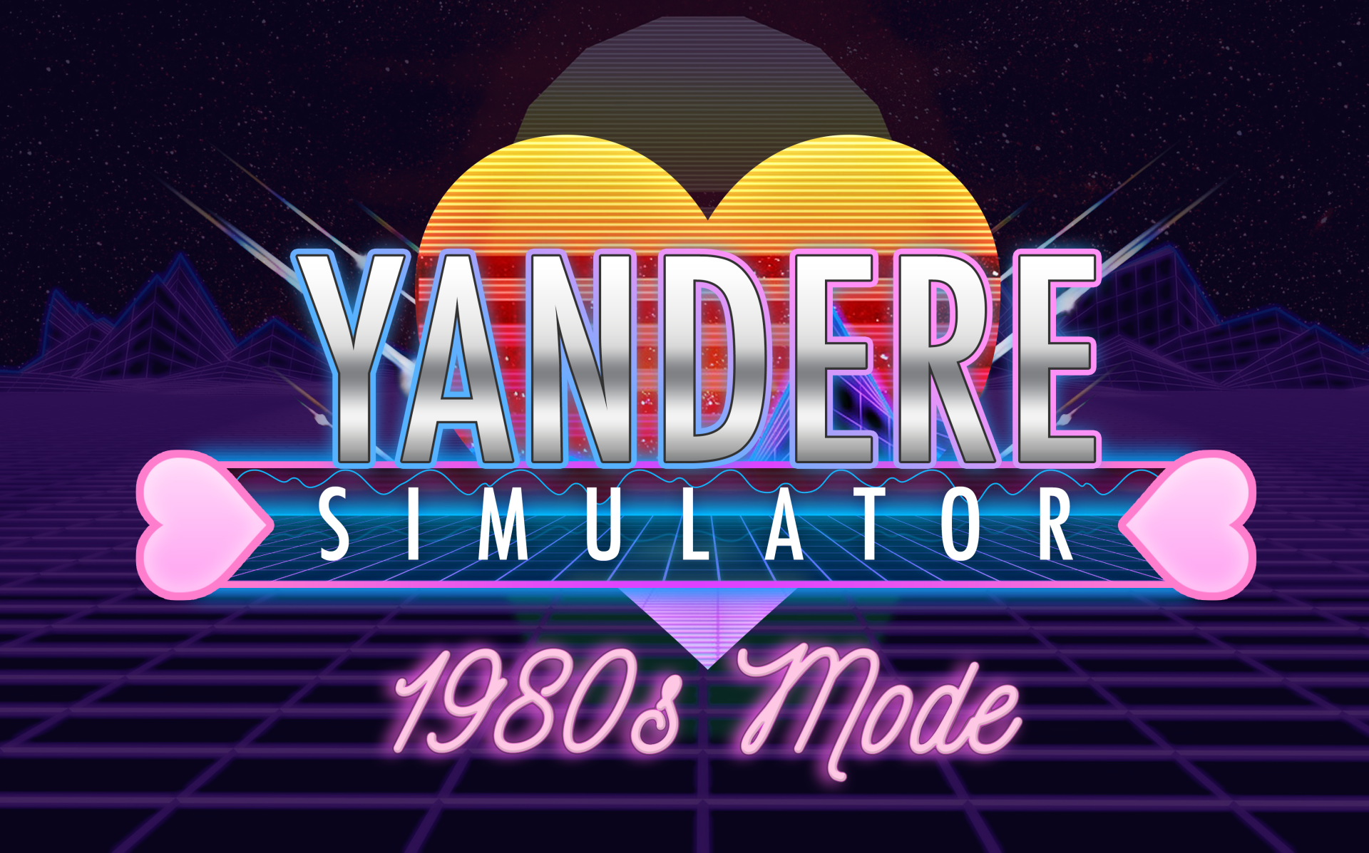 A vibrant HD desktop wallpaper featuring the title Yandere Simulator in a retro 1980s style, highlighted by neon colors and geometric designs, capturing the essence of the game.