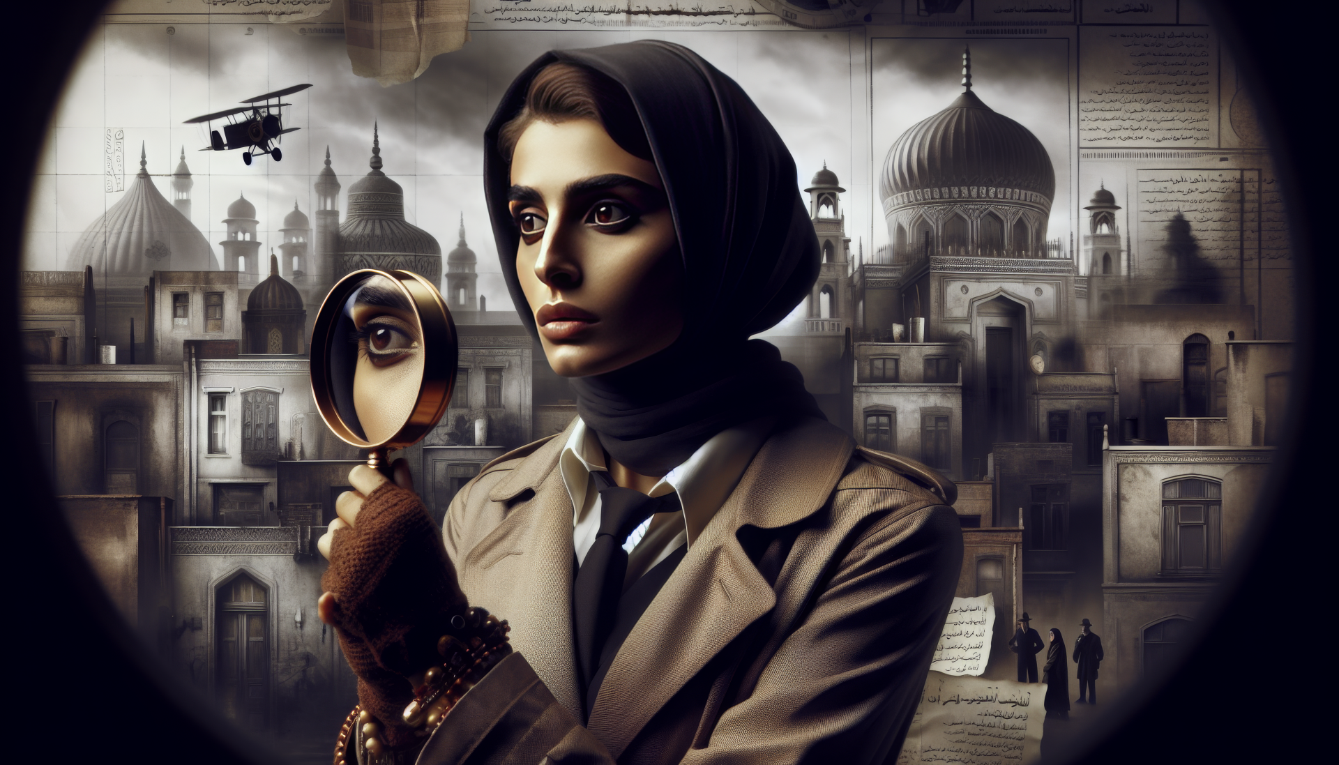 A detective with a magnifying glass gazes intently, surrounded by an urban backdrop featuring historic architecture and an airplane, creating a captivating HD desktop wallpaper.