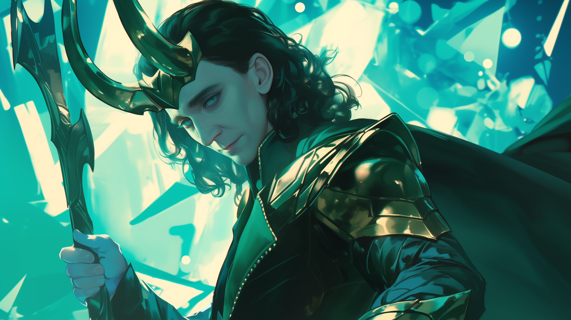 A striking HD wallpaper featuring Loki from Marvel Comics, portrayed by Tom Hiddleston, stands confidently with his iconic horns and a shimmering backdrop.