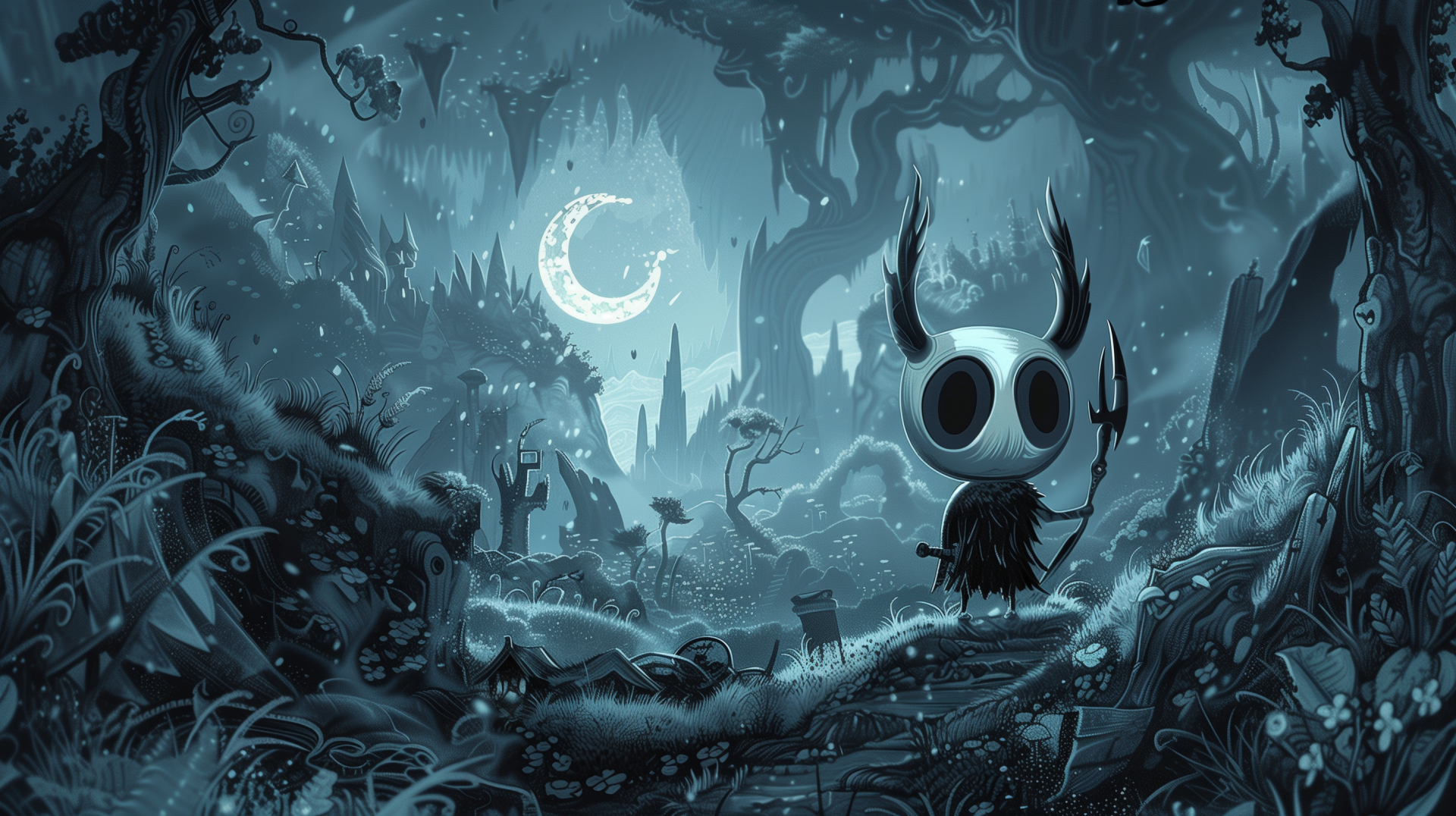 A captivating HD wallpaper from the video game Hollow Knight, featuring a small, horned figure standing in a mystical forest under a glowing moon, surrounded by shadowy trees and plants.