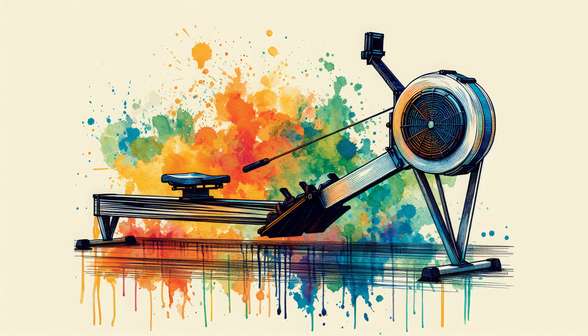 A vibrant artistic depiction of a rowing machine, surrounded by colorful splashes, serving as an HD desktop wallpaper and background for fitness enthusiasts.