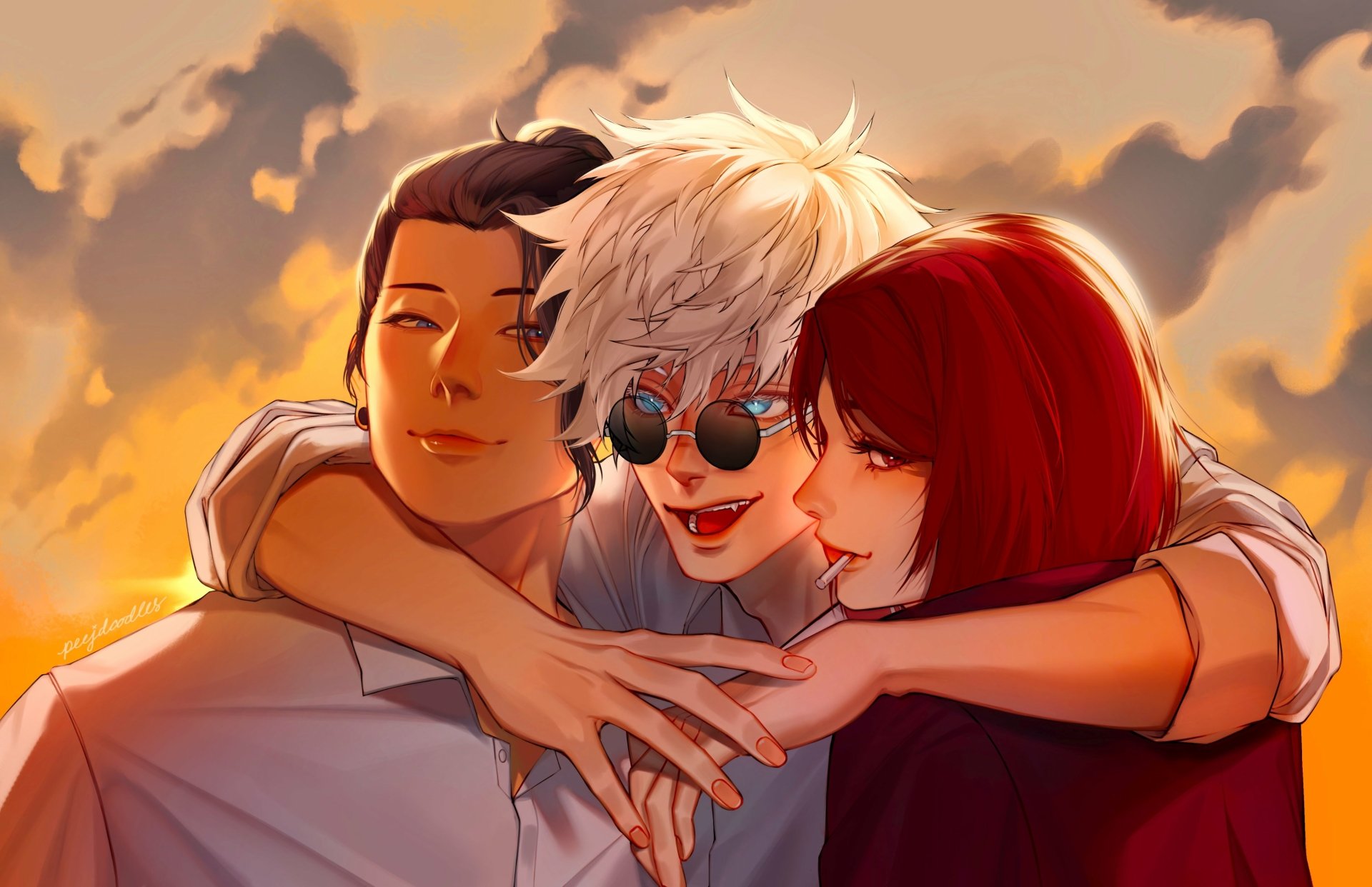 Anime-style 4K Ultra HD wallpaper featuring Suguru Geto, Satoru Gojo, and Shoko Ieiri from Jujutsu Kaisen sharing a warm, close moment at sunset.
