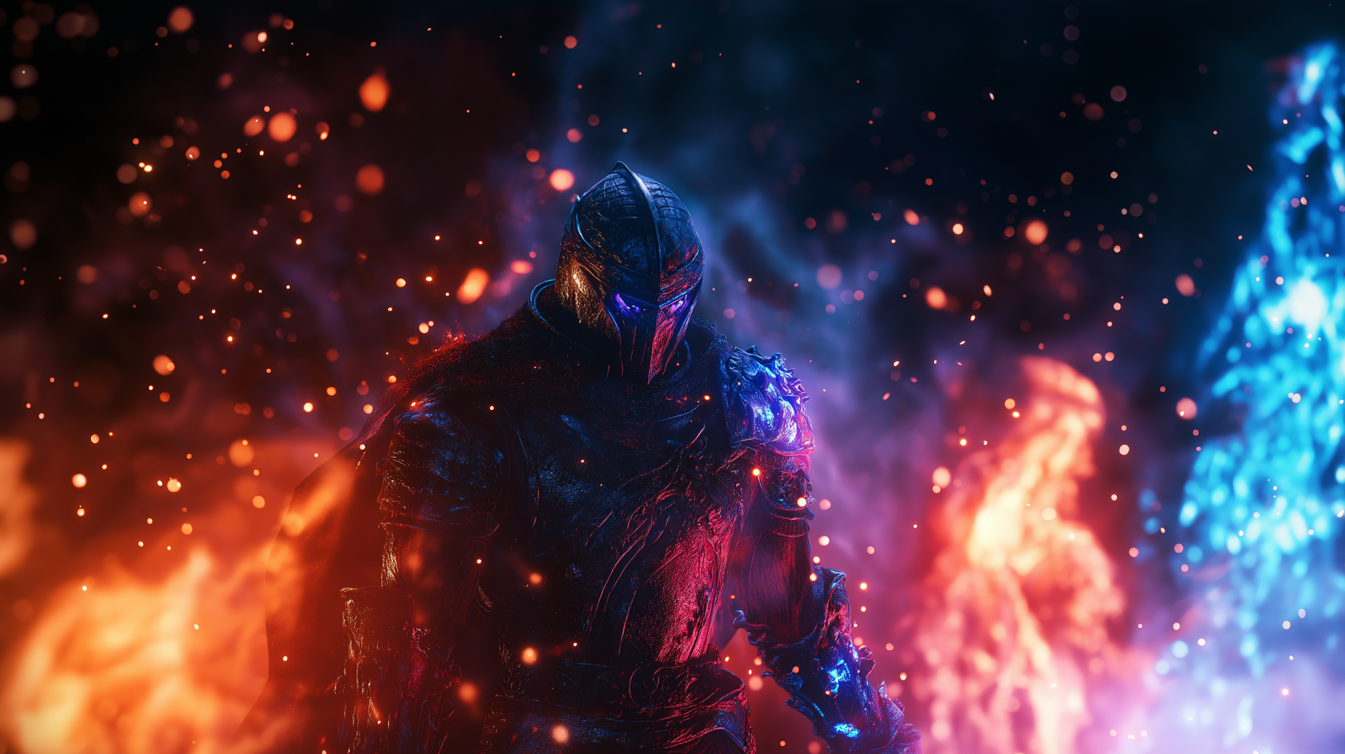 A dark fantasy knight engulfed in fiery energy, standing amid sparks and flames, creating a vivid, intense HD PC desktop wallpaper background.
