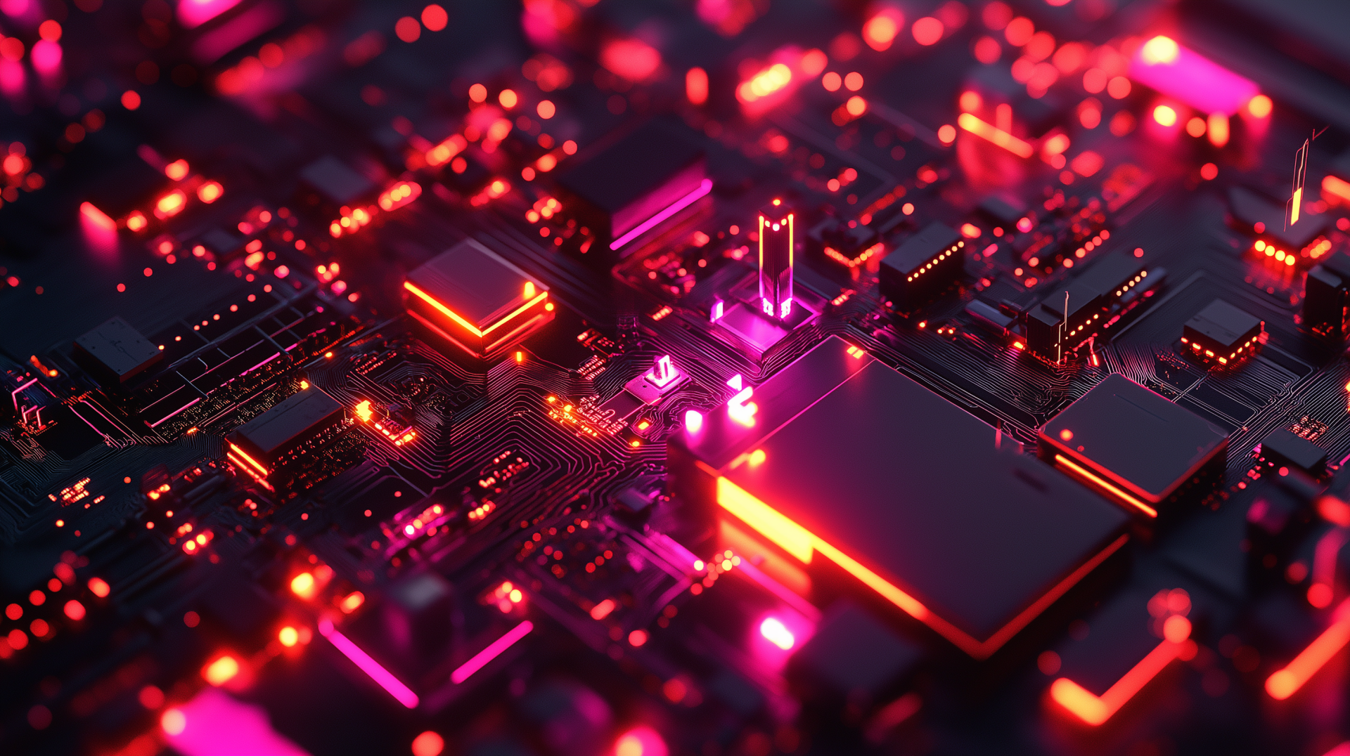 HD desktop wallpaper showcasing a glowing microchip and intricate circuit board with vibrant red and pink neon lights.