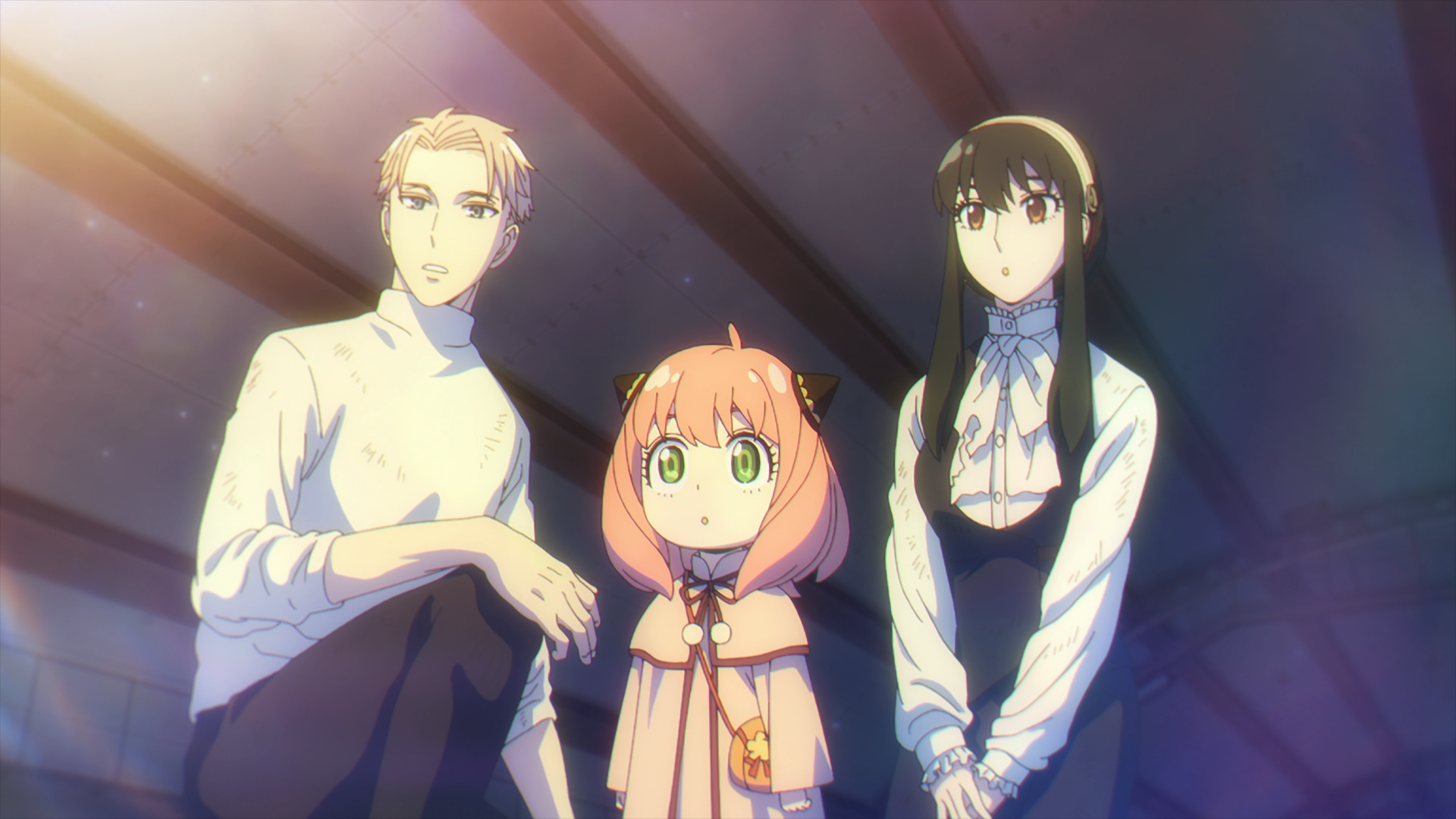 HD anime wallpaper featuring Anya, Loid, and Yor Forger from Spy x Family Code: White in a softly lit, serene setting.