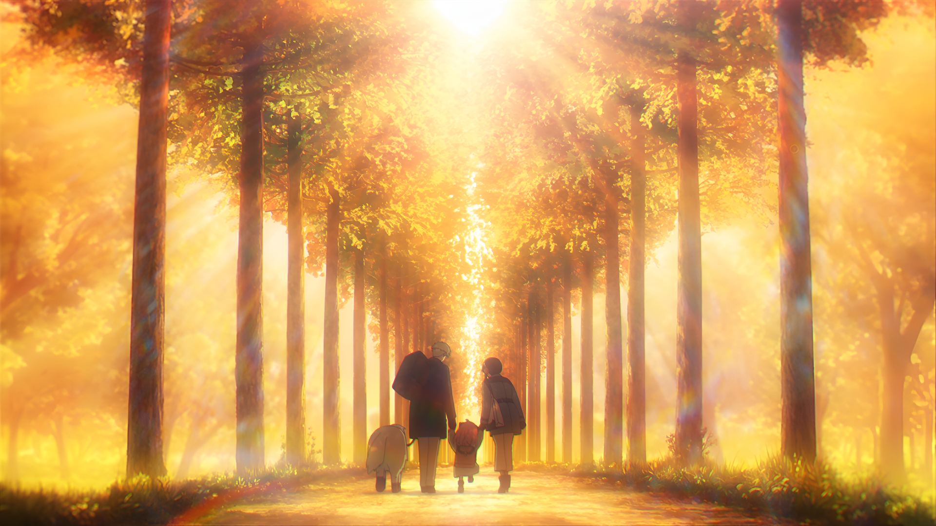 Anime-style 4K Ultra HD wallpaper from Spy x Family Code: White, featuring a sunlit tree-lined path with three characters and a dog walking together.
