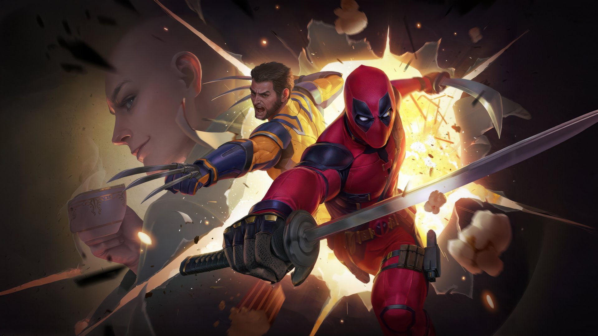 4K Ultra HD PC desktop wallpaper featuring Deadpool and Wolverine in dynamic action poses against an explosive background.