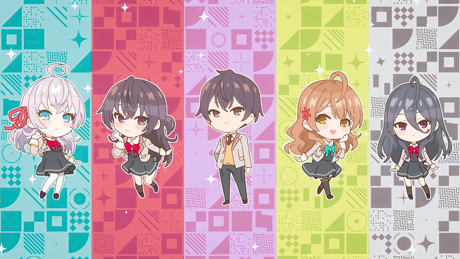 Chibi-style characters from the anime Alya Sometimes Hides Her Feelings in vibrant colored panels, designed as a 4K Ultra HD PC desktop wallpaper.