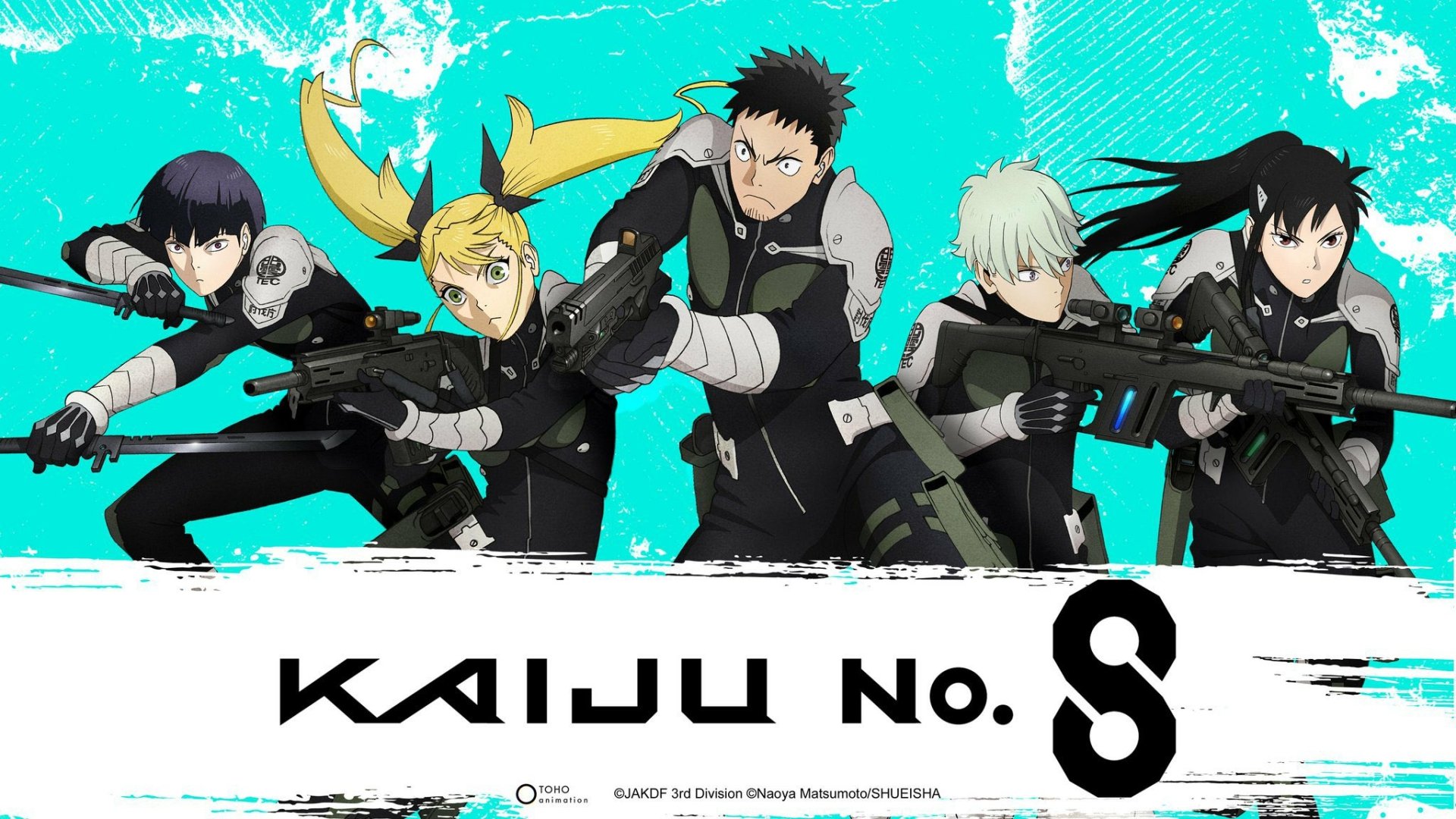 HD PC desktop wallpaper featuring five armed characters from the anime Kaiju No. 8, set against a vibrant turquoise background with the series logo below.