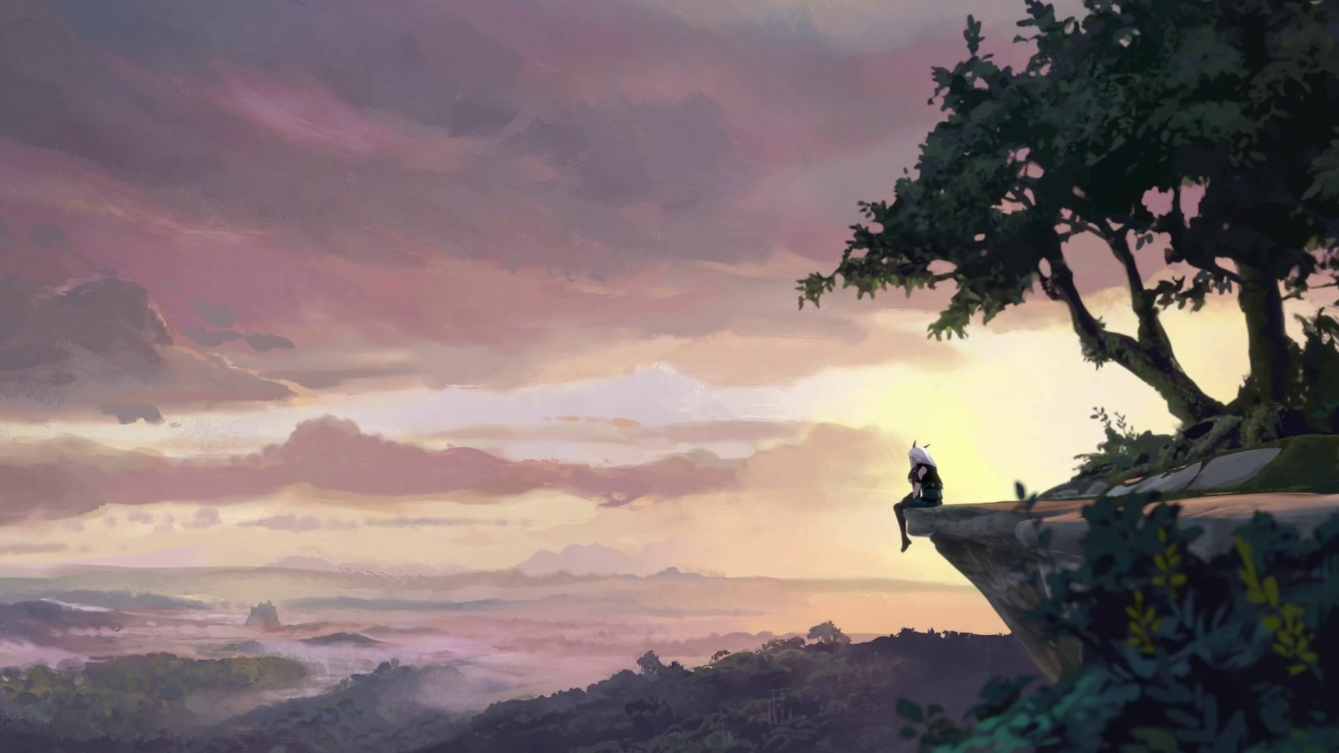 HD desktop wallpaper featuring Rayla from The Dragon Prince sitting on a cliff edge beneath a tree, overlooking a vast, colorful sunset landscape.