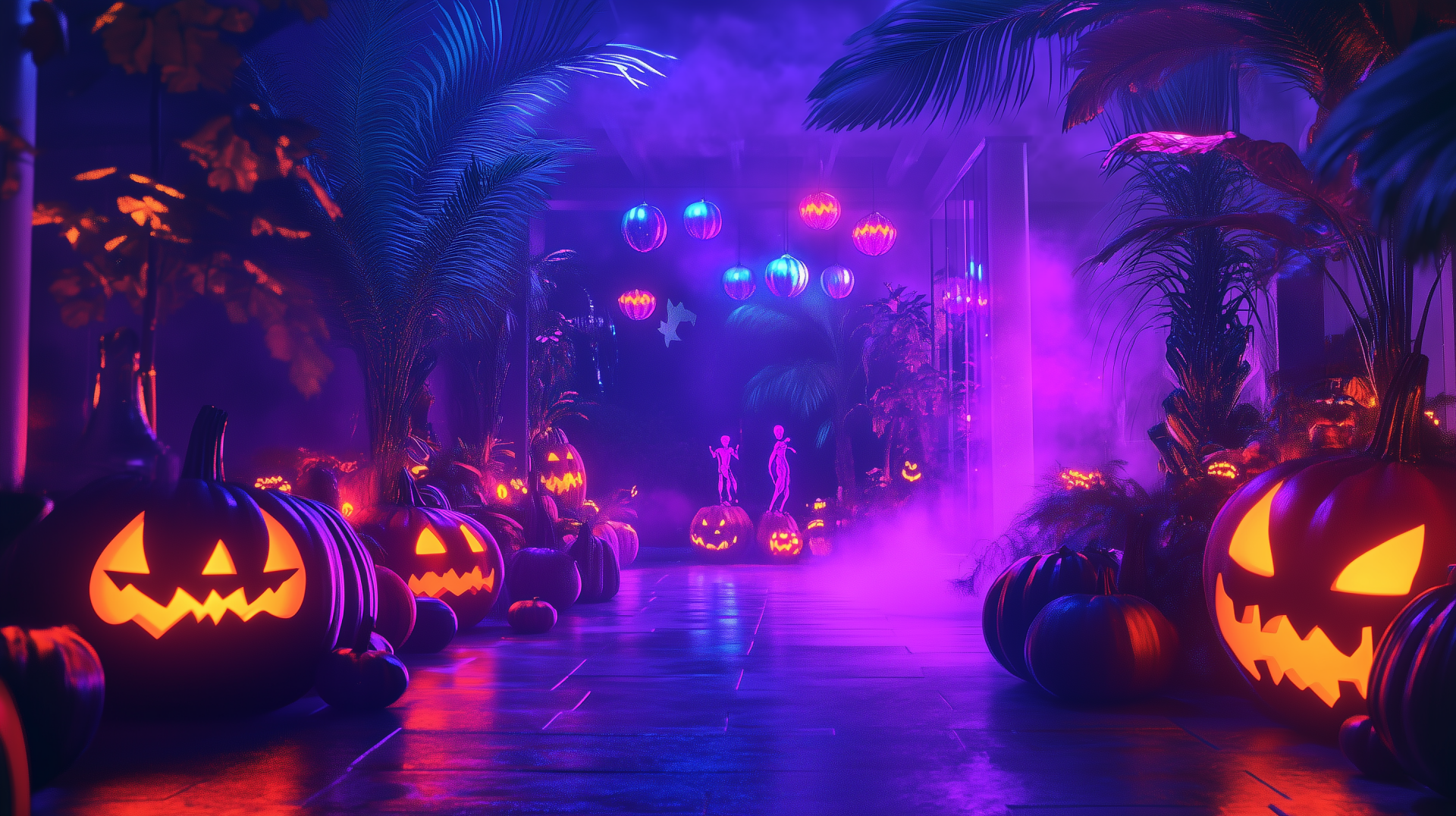 A vibrant Halloween party scene featuring glowing jack-o'-lanterns, colorful disco lights, and a misty atmosphere, creating an enchanting HD desktop wallpaper backdrop.
