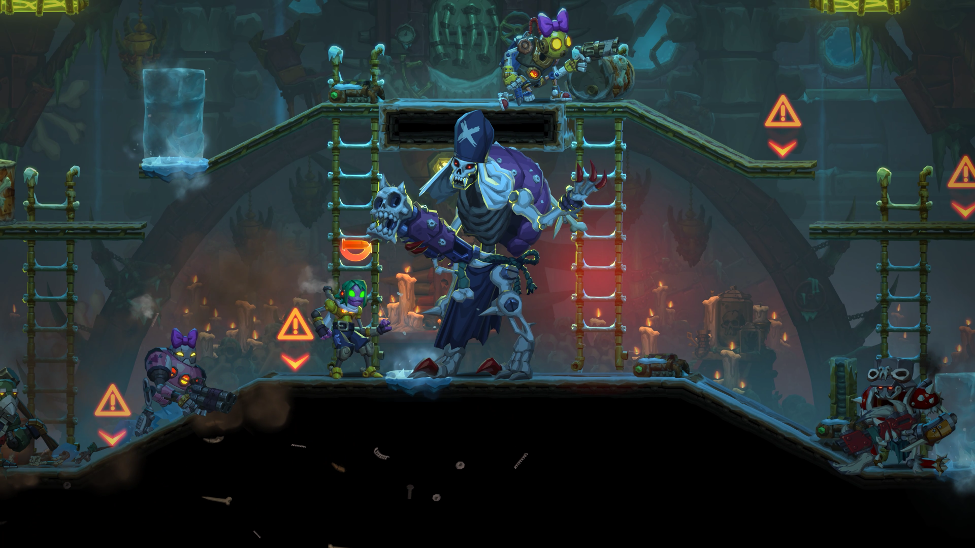 HD desktop wallpaper featuring characters and scenes from the video game SteamWorld Heist II, showcasing vibrant visuals and dynamic action elements.