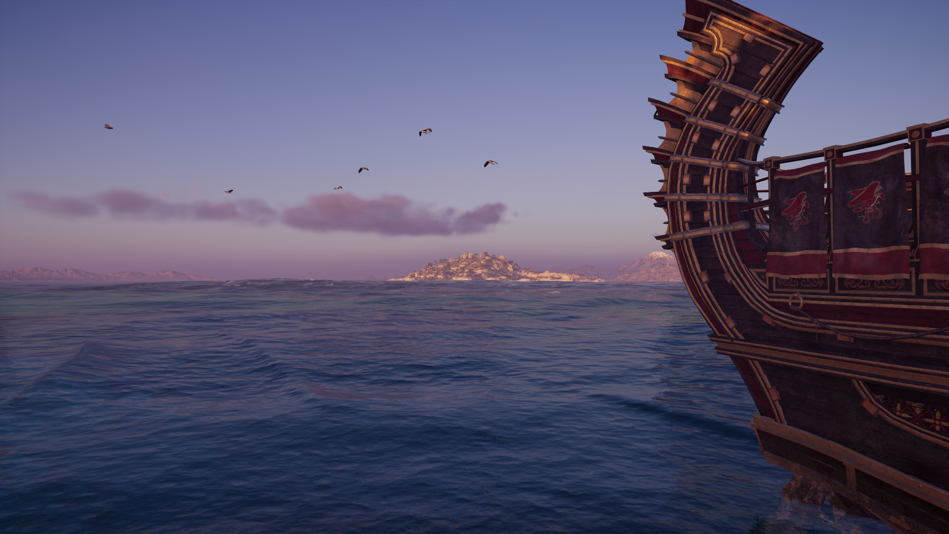 Assassin's Creed video game HD PC desktop wallpaper: serene sunset sea with a detailed ship stern at right, a distant island on the horizon and birds gliding above calm water.