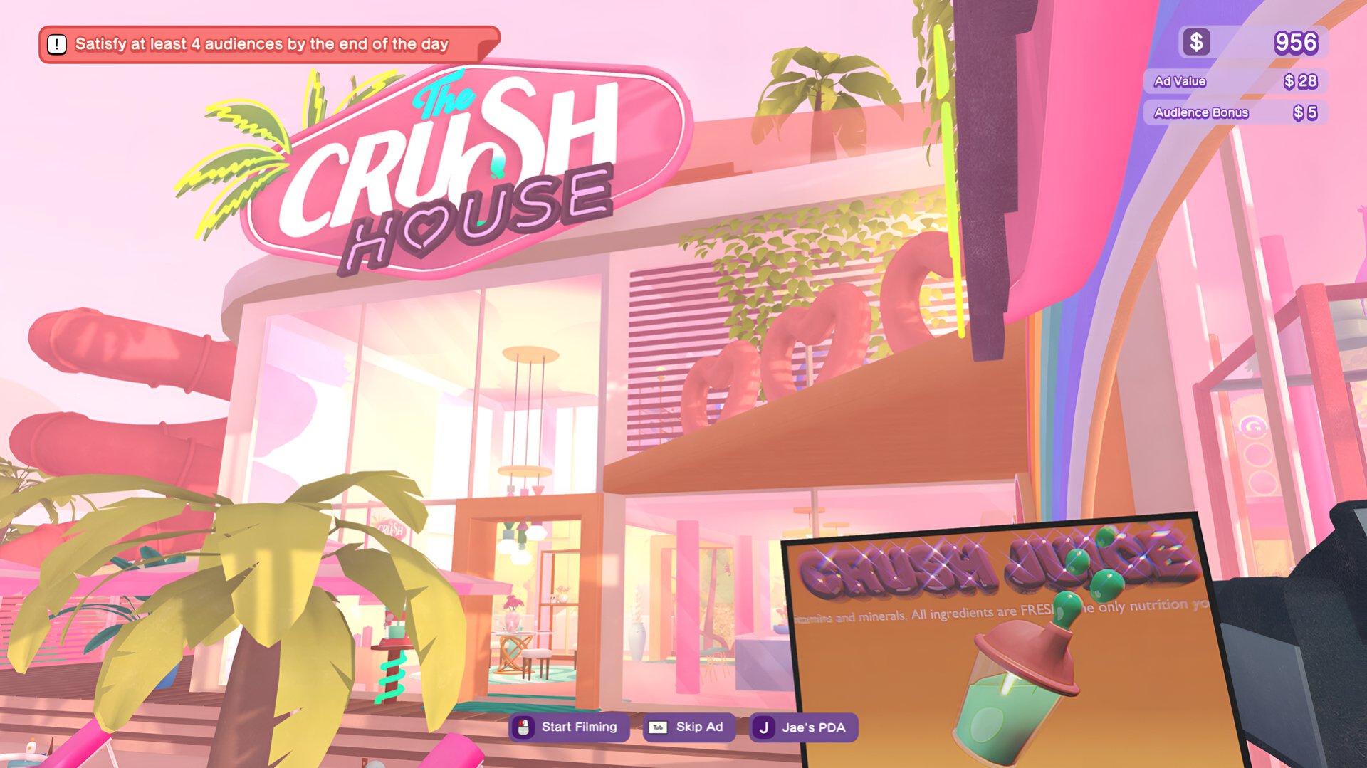 HD PC desktop wallpaper featuring a vibrant, pastel-themed scene from the video game The Crush House, showcasing a retro-style house with palm trees and bright signage.