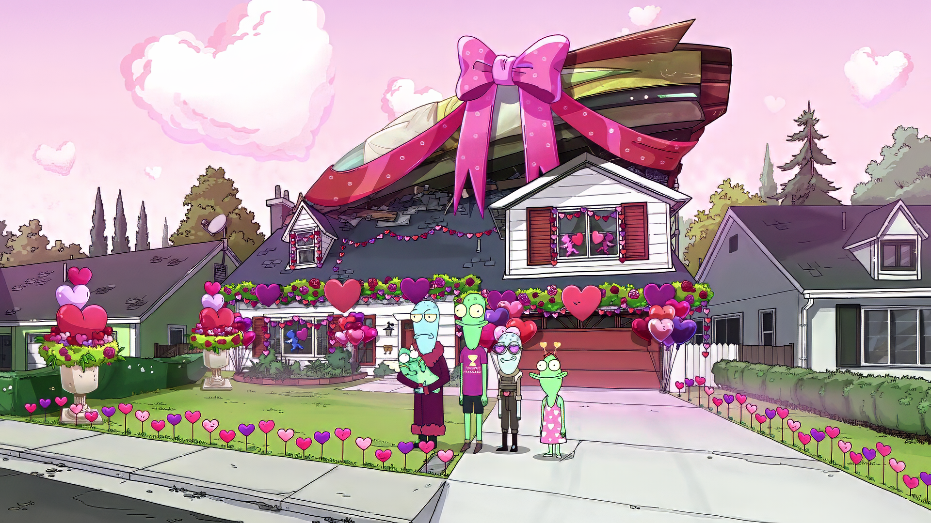 A vibrant HD desktop wallpaper featuring characters from the TV show *Solar Opposites*, showcasing the show's unique animation style and humor.