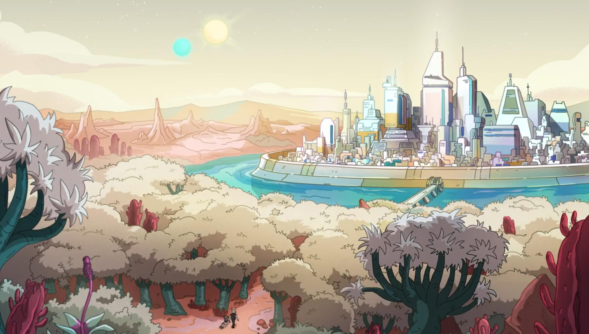 A vibrant HD wallpaper from the TV show Solar Opposites, showcasing a futuristic city by a river surrounded by whimsical trees and a colorful landscape under two suns.