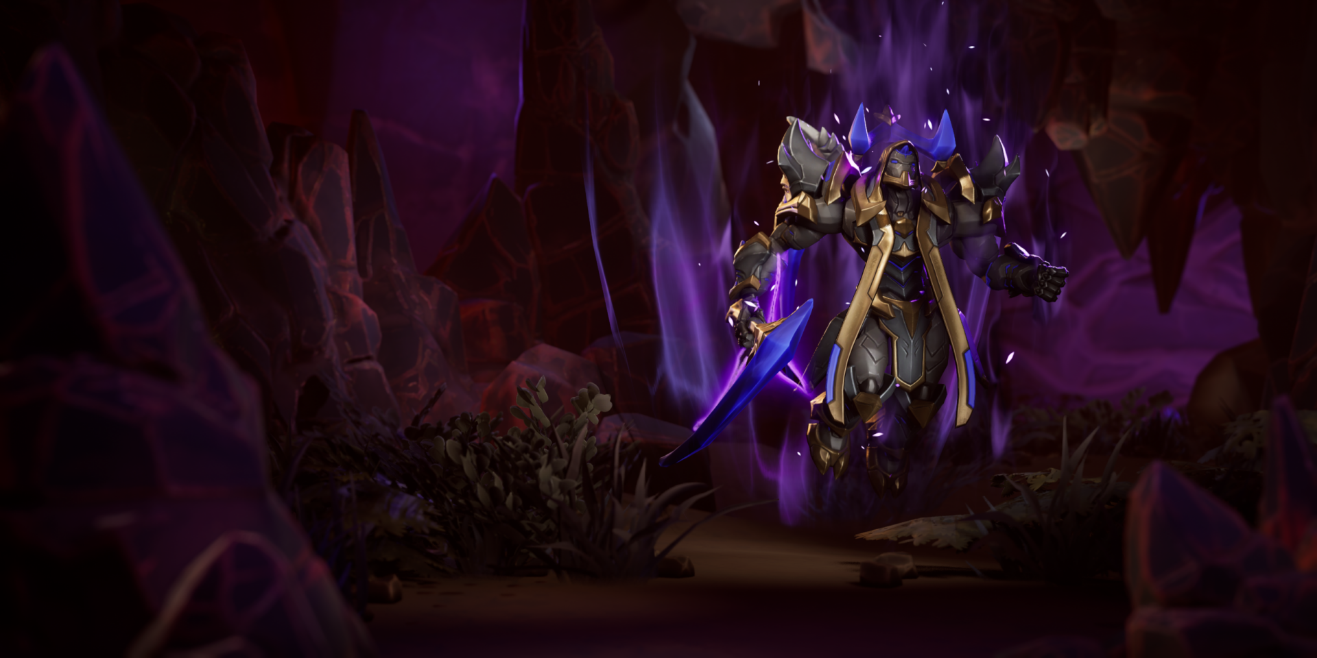 A dramatic HD desktop wallpaper from the video game Stormgate, featuring a fierce, armored warrior amidst a mysterious, purple-lit landscape.