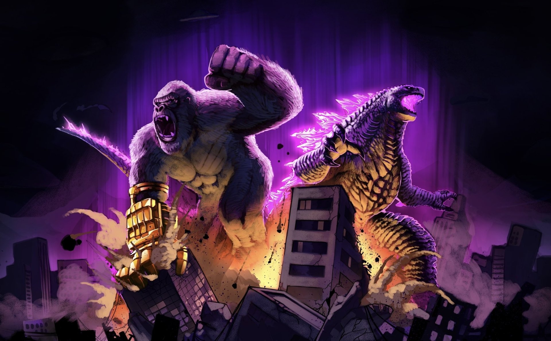 HD PC desktop wallpaper featuring Godzilla and Kong from Godzilla x Kong: The New Empire, depicted in a dramatic city battle scene with vibrant purple lighting.