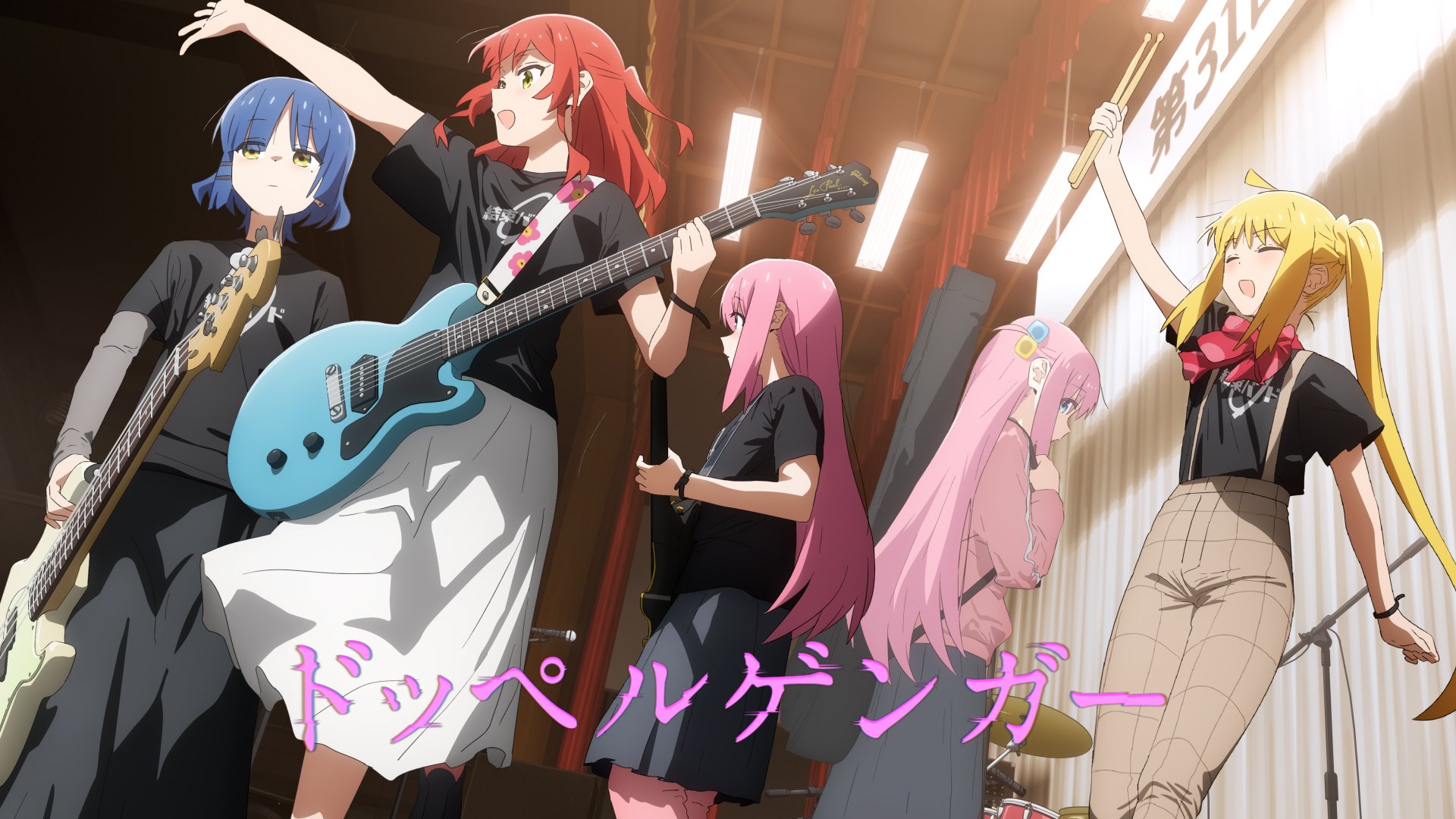 HD anime desktop wallpaper featuring the cast of Bocchi the Rock! playing instruments in a vibrant indoor setting.