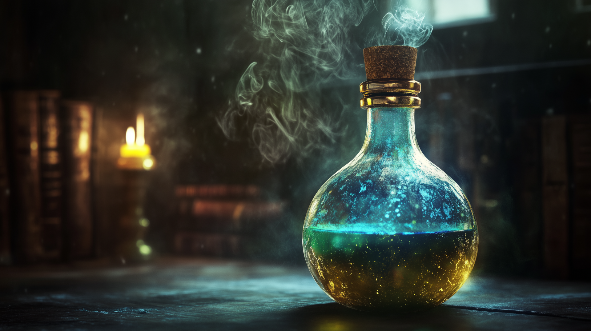 A captivating HD wallpaper featuring a magical potion bottle, set against a fantasy backdrop that ignites the imagination and enhances your desktop's aesthetic.