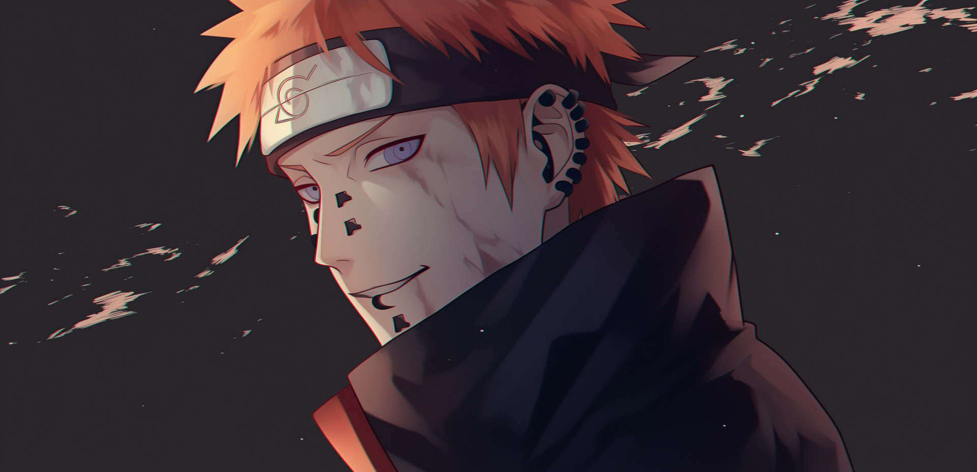 Anime HD wallpaper featuring Pain from Naruto, showcasing his distinctive Rinnegan and striking orange hair, set against a dark, atmospheric background.