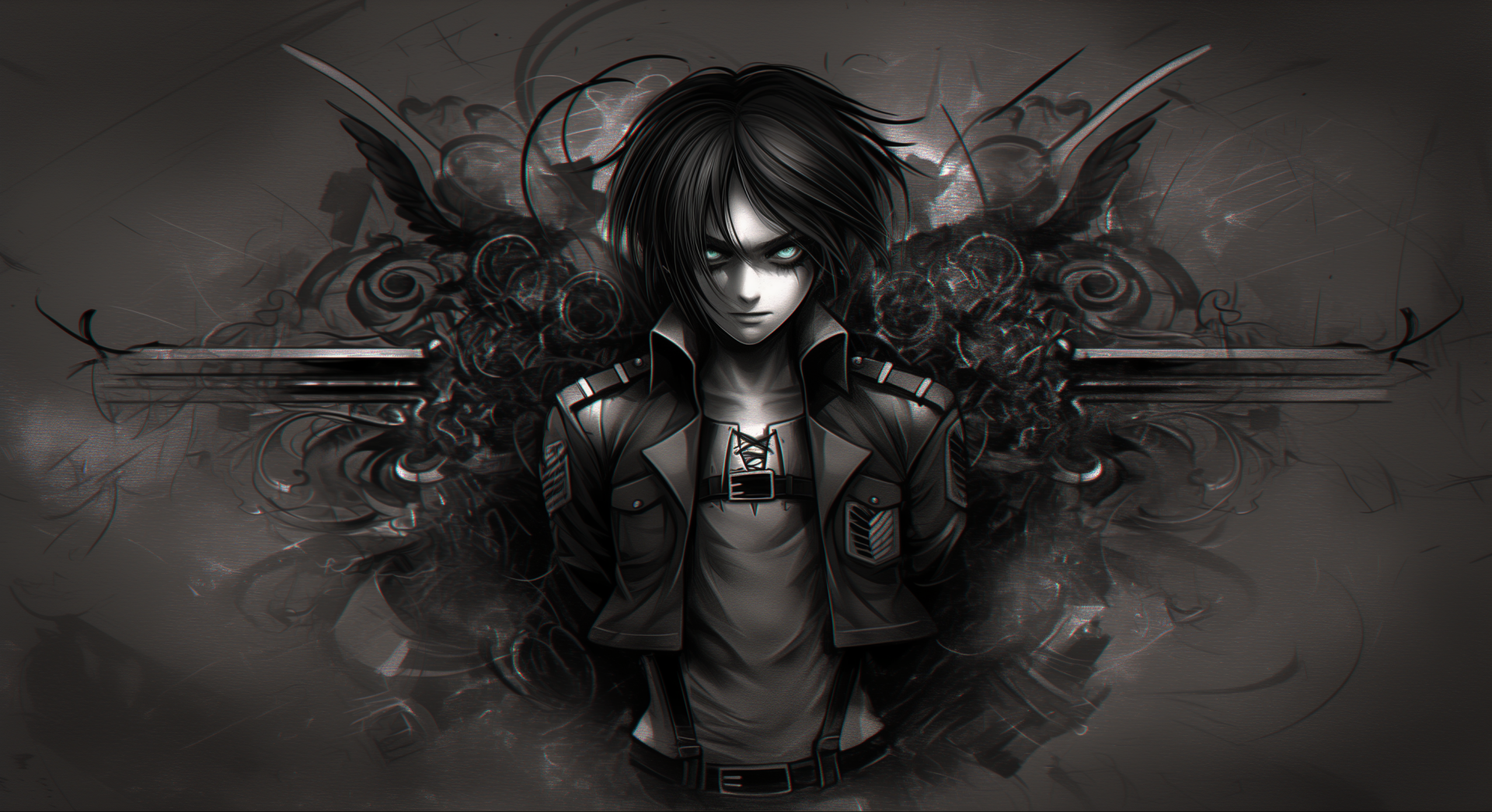 A striking HD desktop wallpaper featuring Eren Yeager from Attack on Titan, embodying a somber vibe with intricate dark elements in the background.