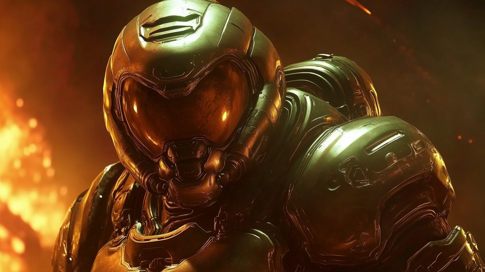A high-definition desktop wallpaper featuring the iconic armored character from Doom and DOOM Eternal, set against a dramatic fiery background.