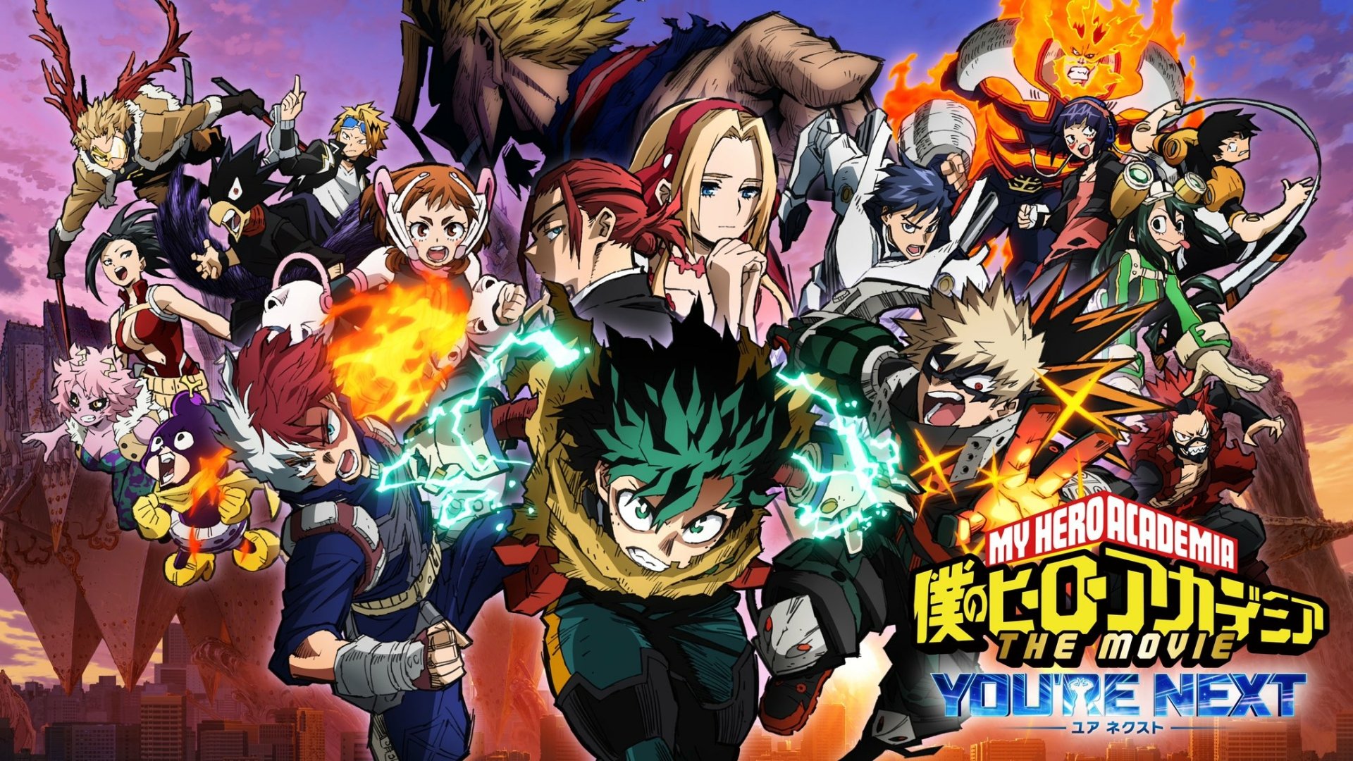 HD PC desktop wallpaper featuring vibrant characters from the anime My Hero Academia: You're Next, showcasing action-packed scenes and iconic heroes in dynamic poses.