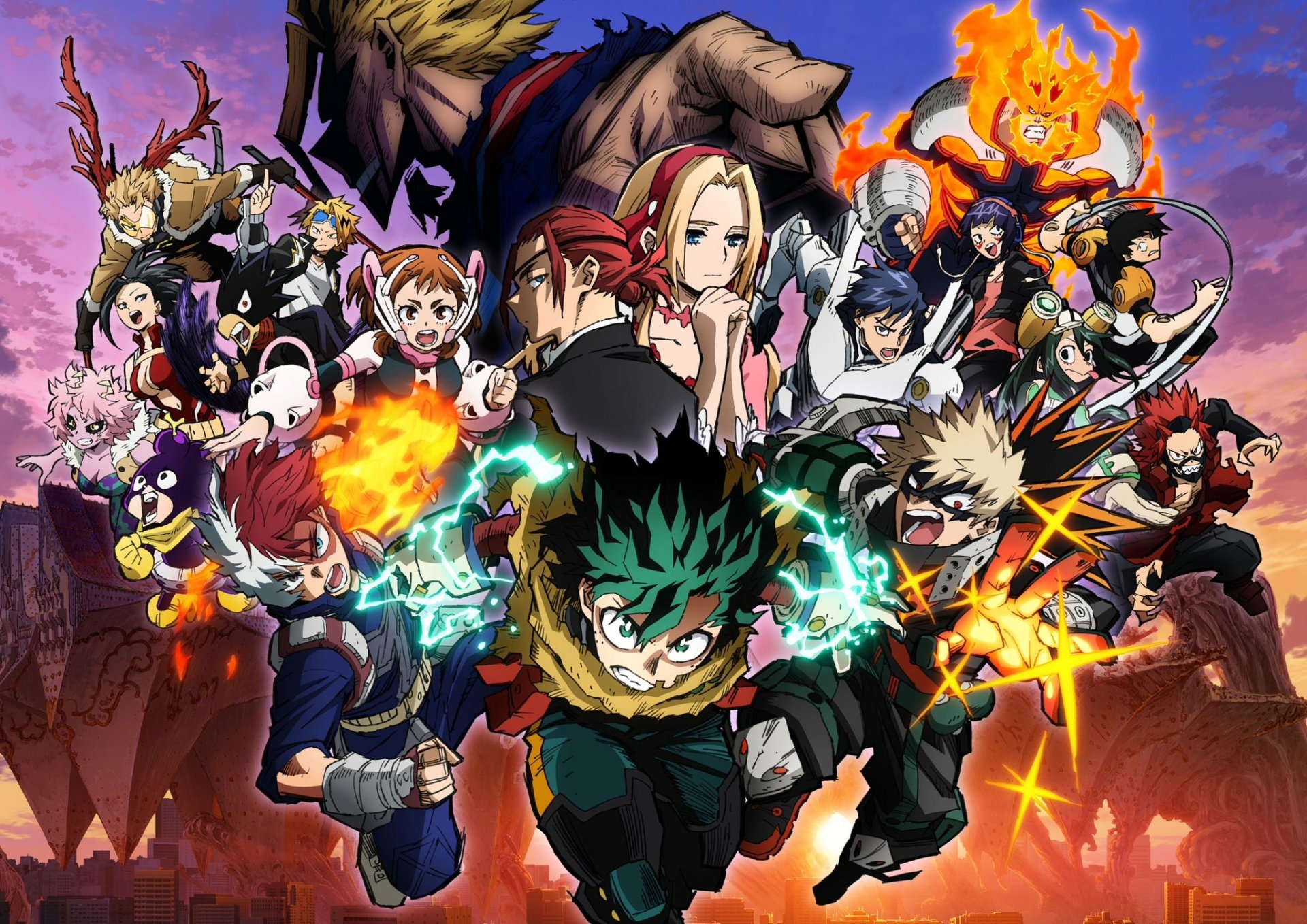 HD PC desktop wallpaper featuring vibrant characters from the anime My Hero Academia: You're Next, showcasing dynamic action and heroic poses against a dramatic sky backdrop.