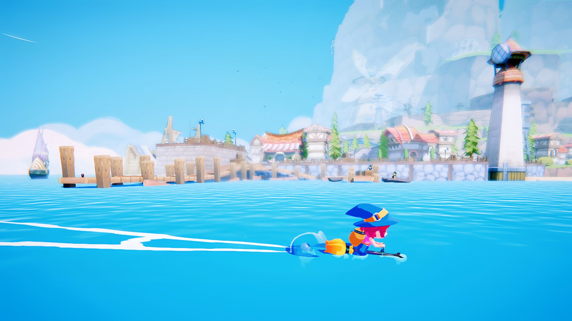 A vibrant HD wallpaper from the video game *Mika and The Witch's Mountain*, featuring Mika navigating bright blue waters with a charming coastal village in the background.