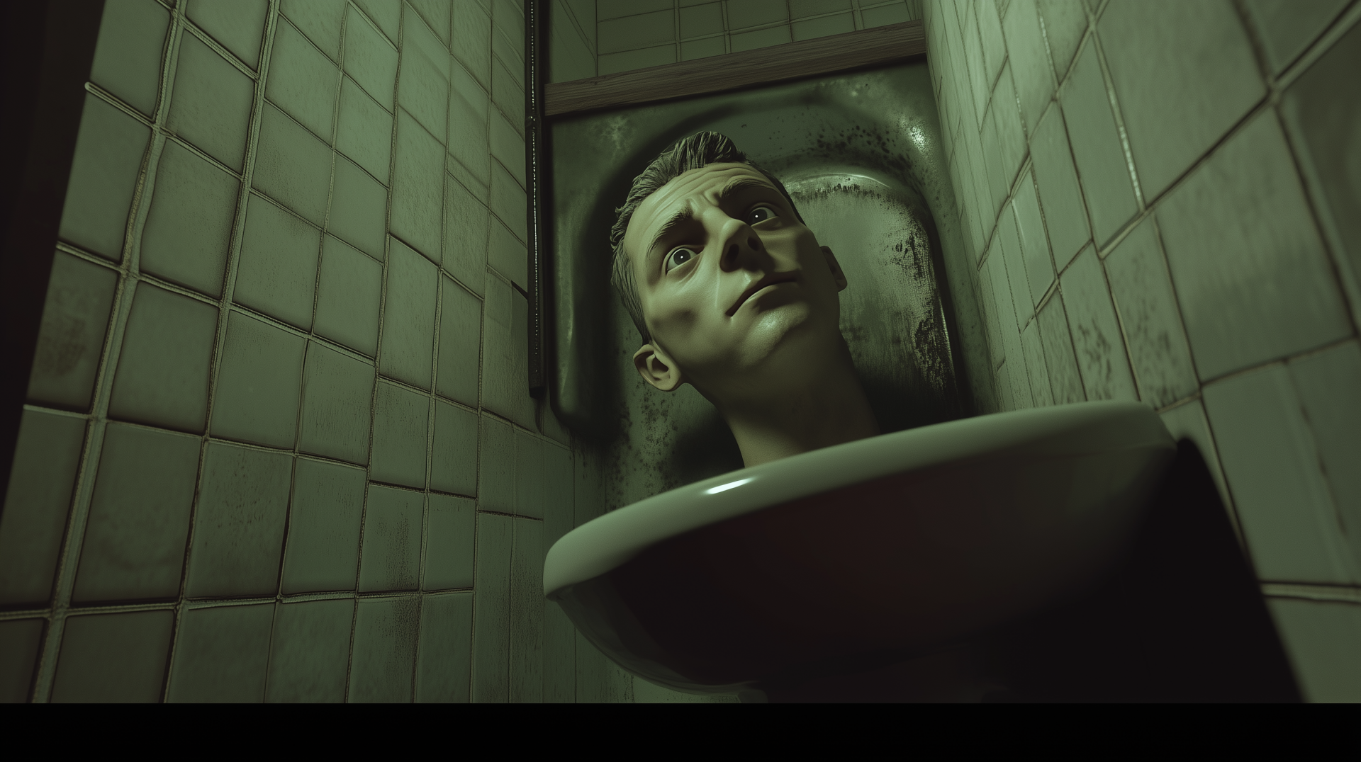 A surreal HD desktop wallpaper featuring a humanoid head emerging from a toilet, set against a tiled bathroom background, embodying the quirky essence of Skibidi Toilet.