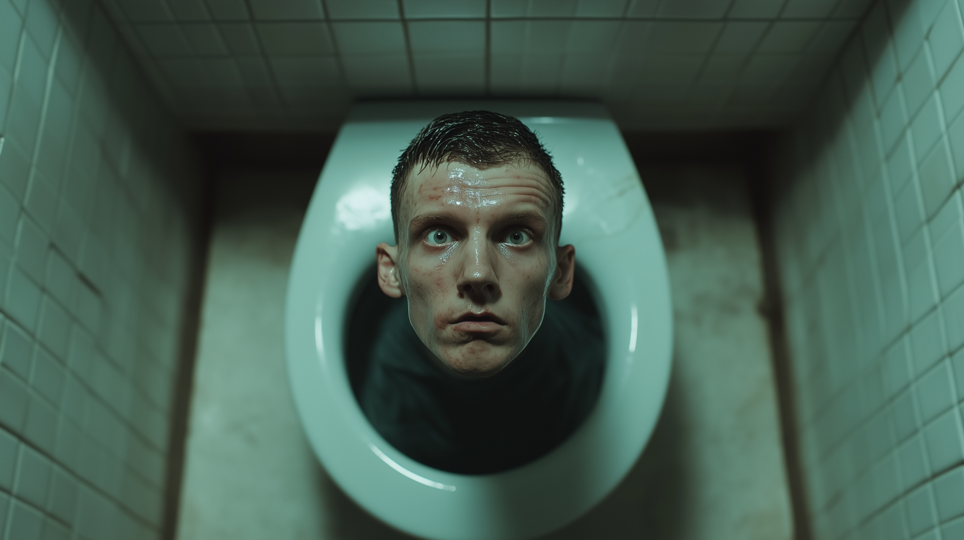 A surreal HD desktop wallpaper featuring a figure with a human head emerging from a toilet, capturing the unique and bizarre essence of skibidi toilet art.