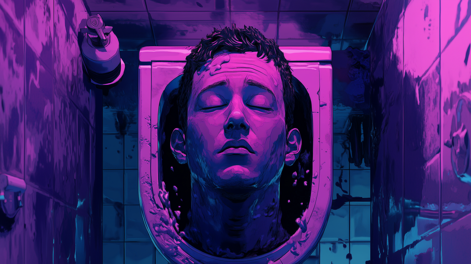 A vivid HD desktop wallpaper featuring a surreal skibidi toilet scene, showcasing a head emerging from a toilet, illuminated in vibrant purple hues.
