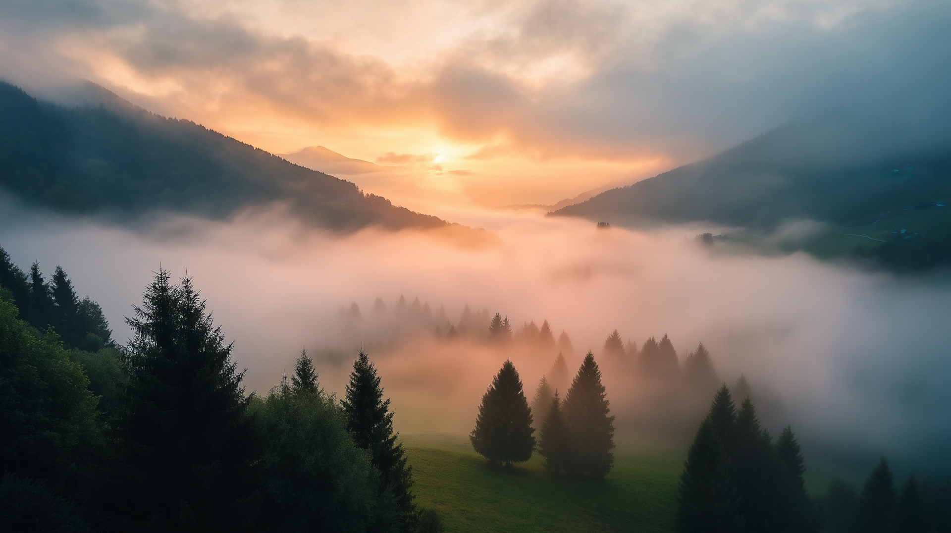 HD PC desktop wallpaper showing a serene mountain landscape at sunrise with dense fog rolling through evergreen trees and valleys.
