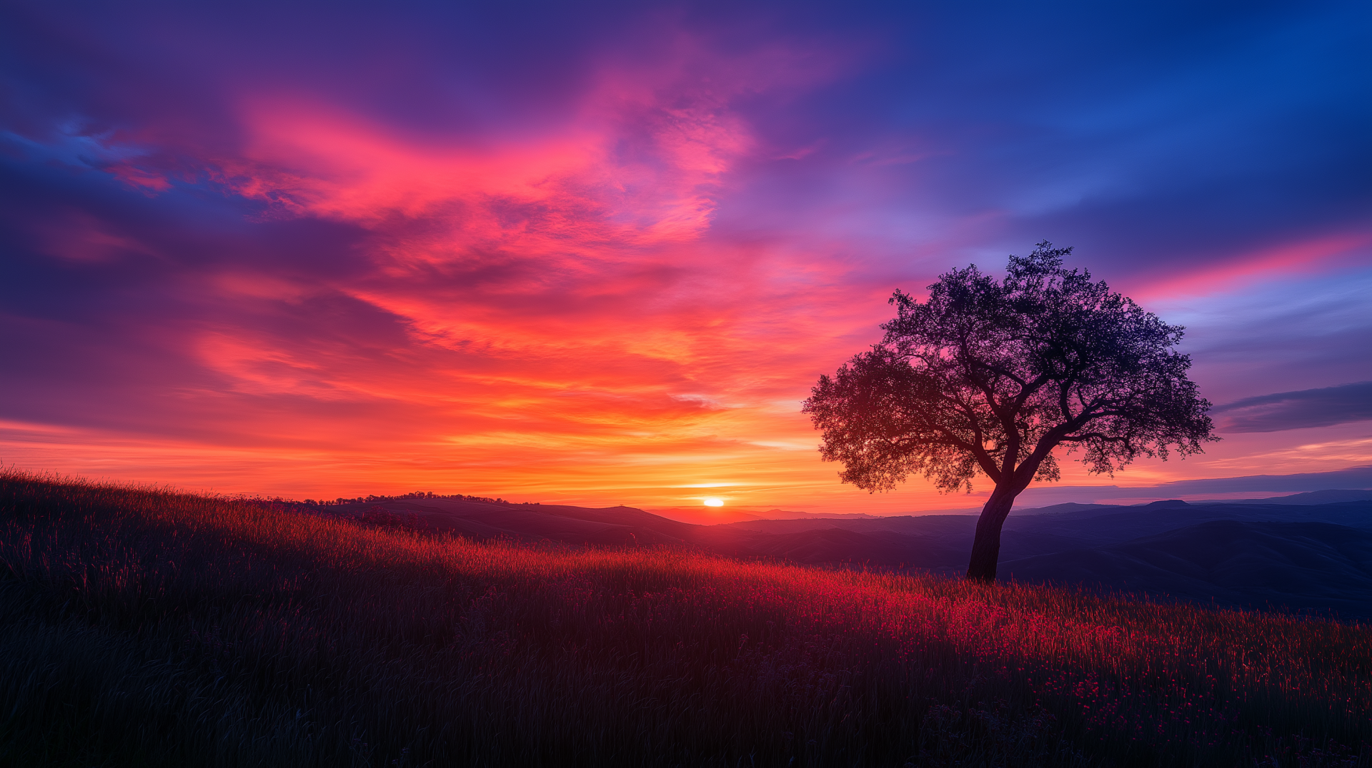 Vibrant sunset landscape with a solitary tree silhouetted against a colorful sky, captured in an HD desktop wallpaper and background.