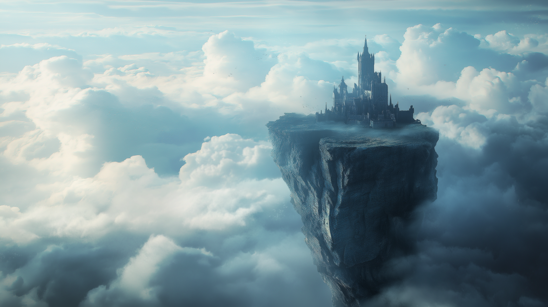 A fantasy castle perched on a floating rock island surrounded by a vast cloudscape, rendered in stunning HD for a PC desktop wallpaper.