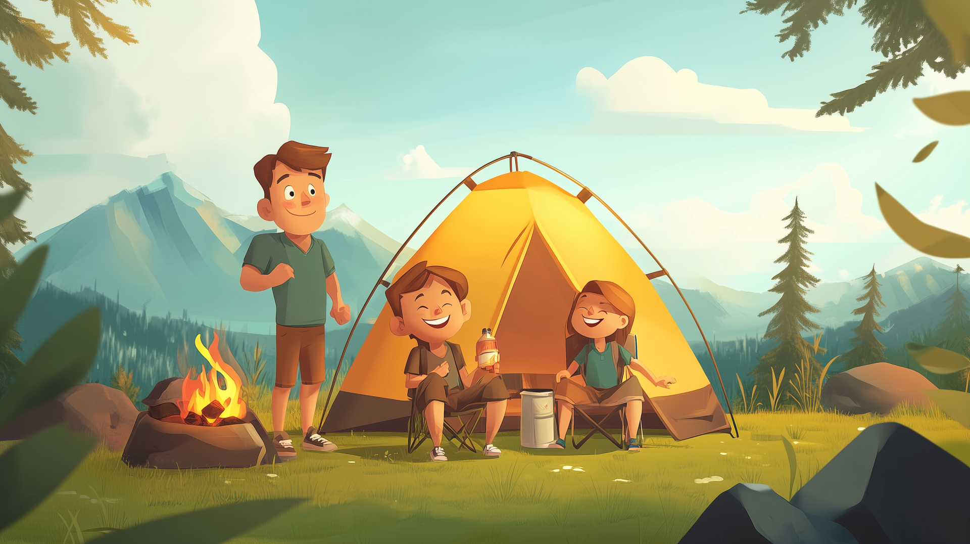 A happy family enjoys a camping trip, surrounded by nature. This HD desktop wallpaper captures the joy and togetherness of outdoor adventures.