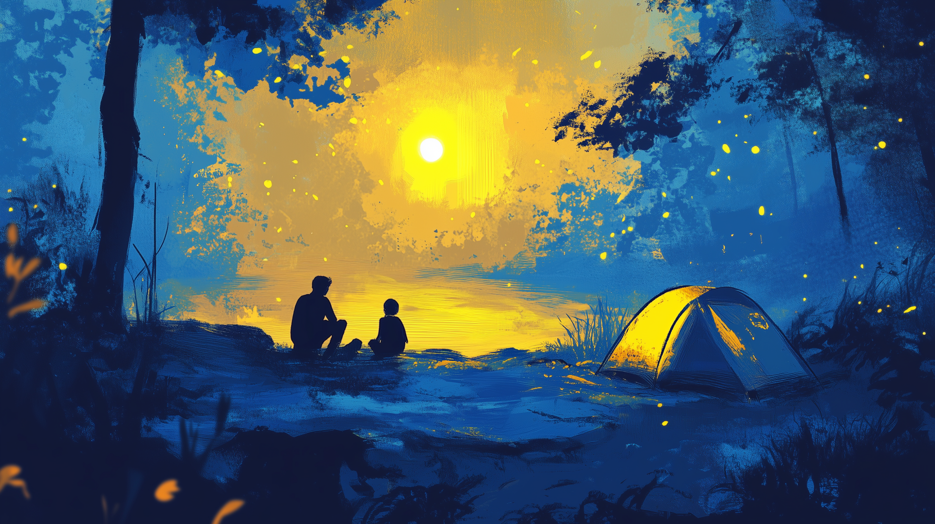 A serene camping scene Features a person and child sitting by a glowing tent under a bright moon, surrounded by lush trees, creating a peaceful nighttime atmosphere.