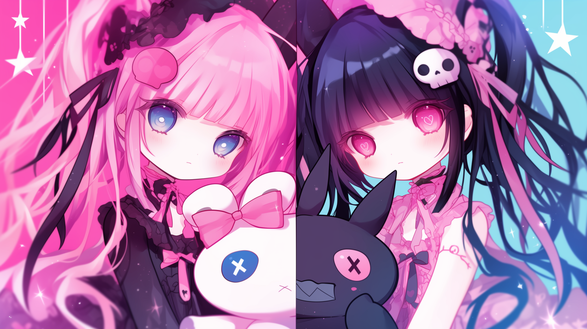 HD wallpaper featuring My Melody and Kuromi from Onegai My Melody, showcasing their distinct pink and black aesthetics with vibrant colors and cute plush characters.