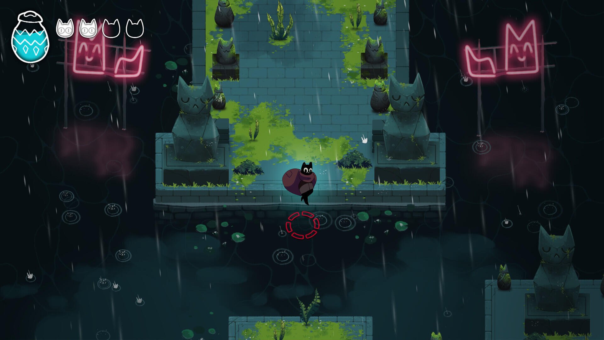 A captivating HD desktop wallpaper from the video game Crypt Custodian, featuring a character navigating a mystical, rain-soaked landscape adorned with glowing statues.