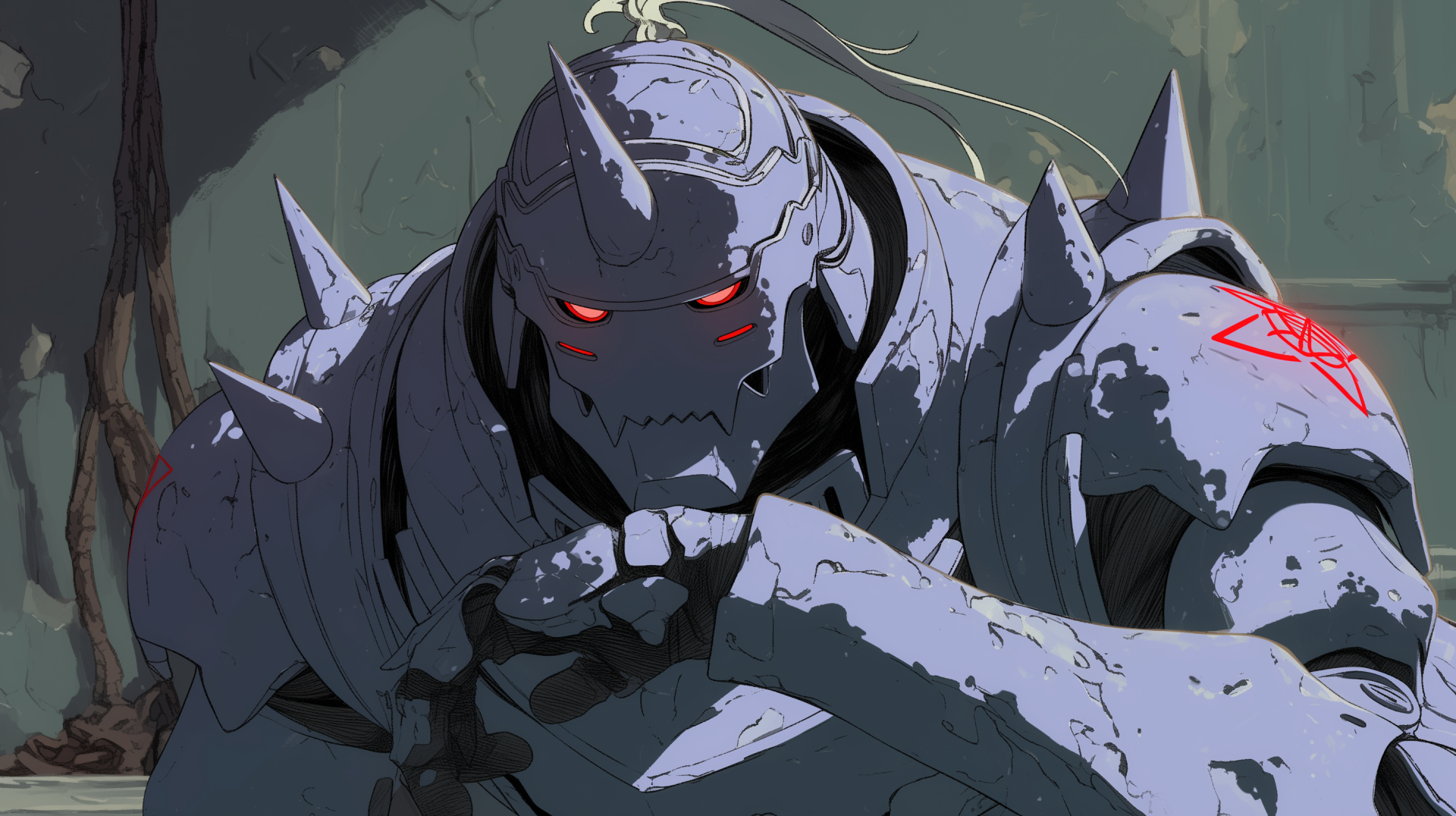 An HD wallpaper featuring Alphonse Elric from Fullmetal Alchemist, depicted in his iconic armor and helmet, showcasing the intricate design and details characteristic of anime art.